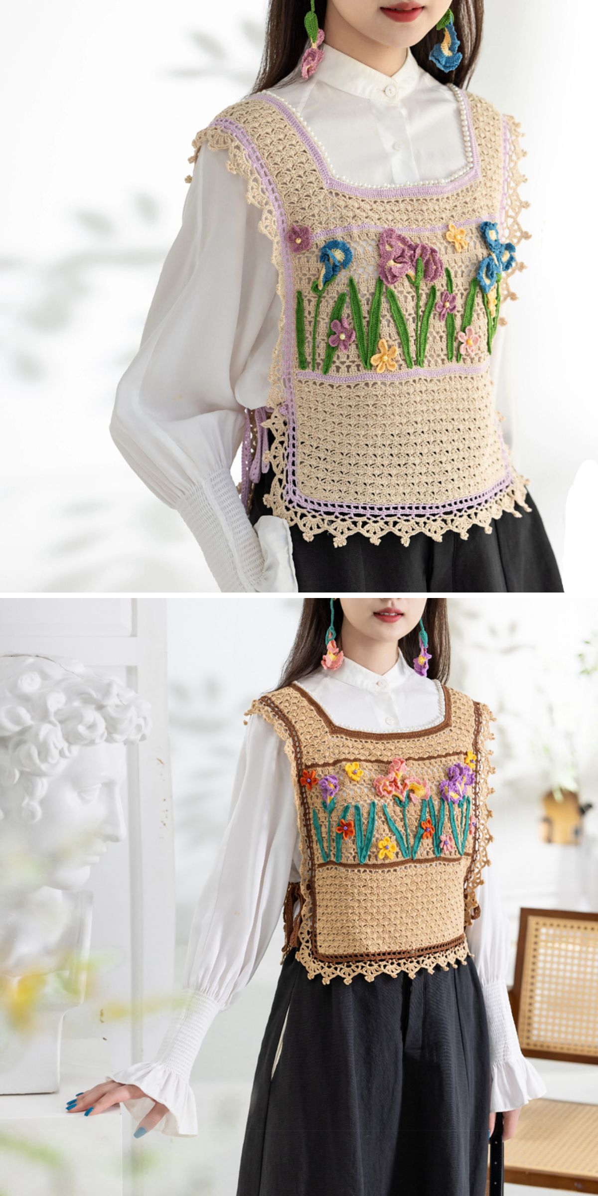 A woman wears two different crochet vests with colorful floral embroidery, layered over a white long-sleeve blouse and paired with a black skirt.