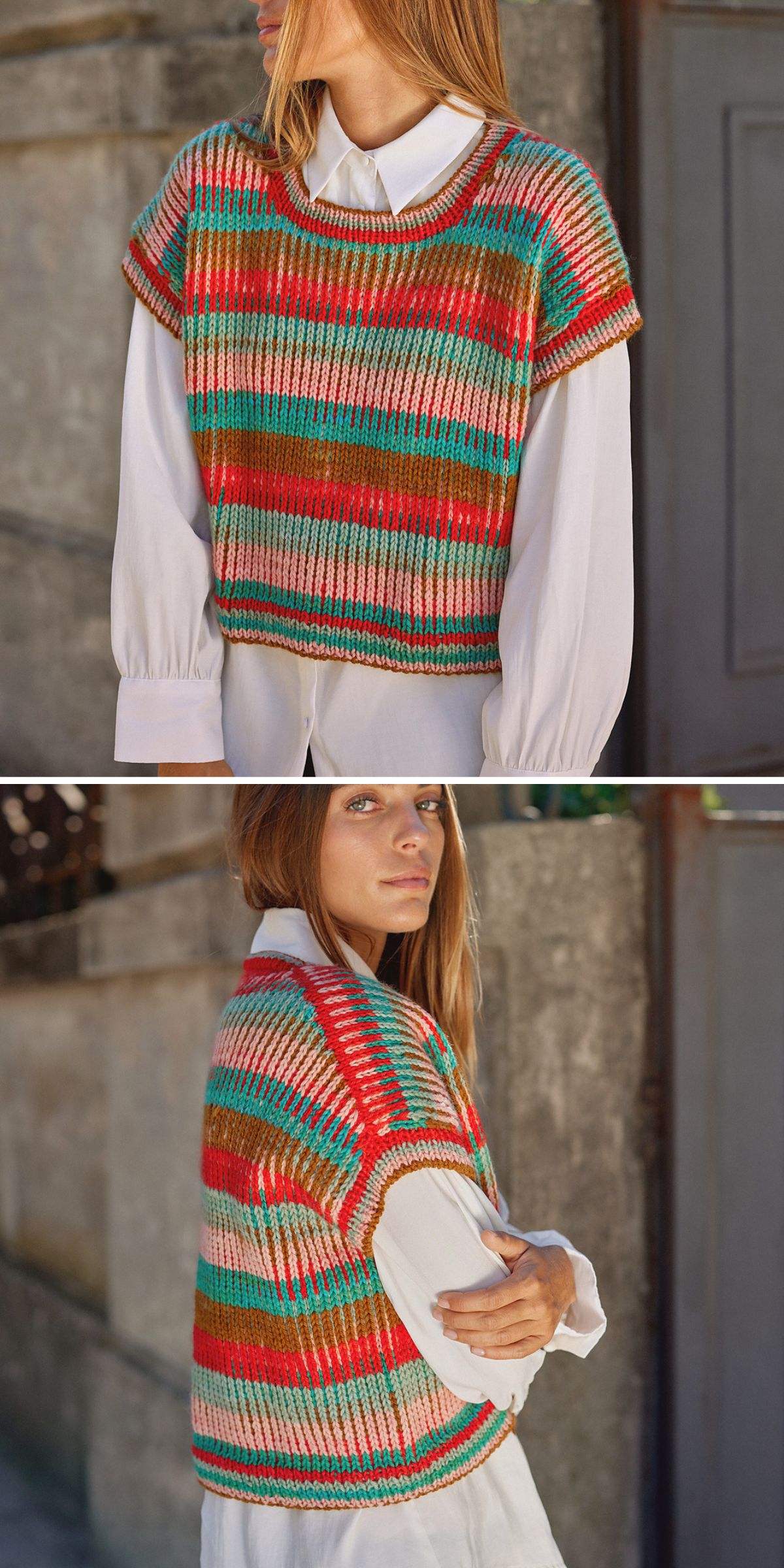 A woman wears a white button-up shirt with a colorful, striped knit vest in red, teal, green, and beige tones; this modern knit vest features short sleeves and a loose fit.