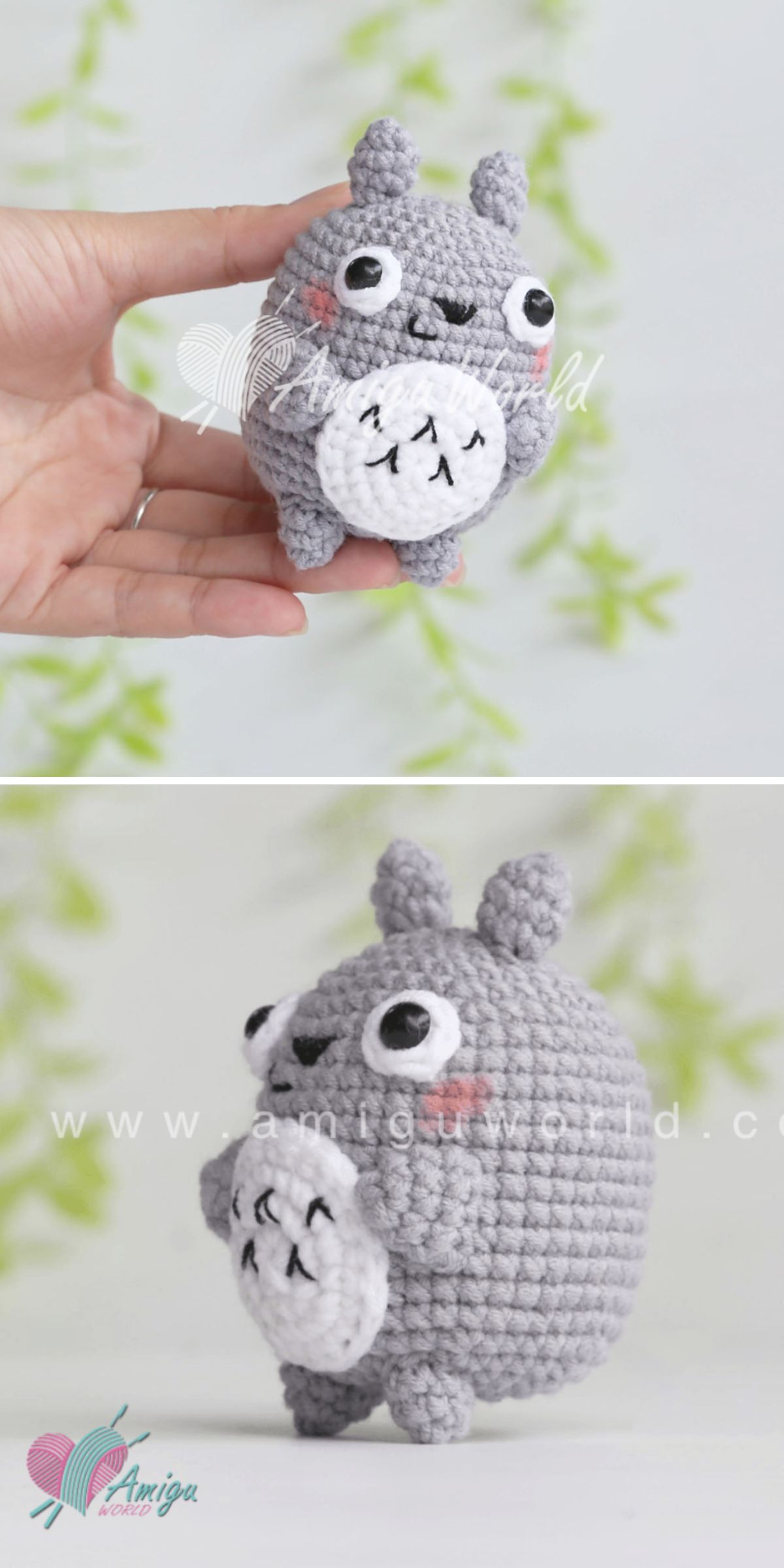 A small, crochet Totoro plushie with a gray body, white belly, and black details is displayed in a hand and in a close-up view.