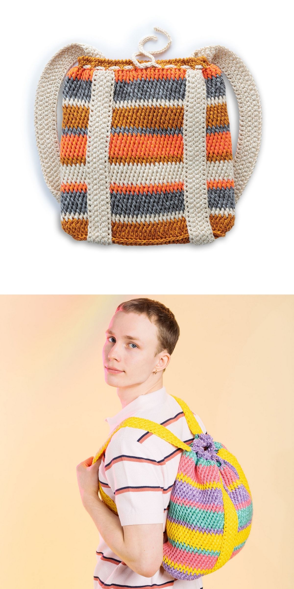 A person wearing a striped, crocheted drawstring backpack. Above it, a flat view of the same bag featuring horizontal stripes of orange, grey, and cream in this crochet pattern.