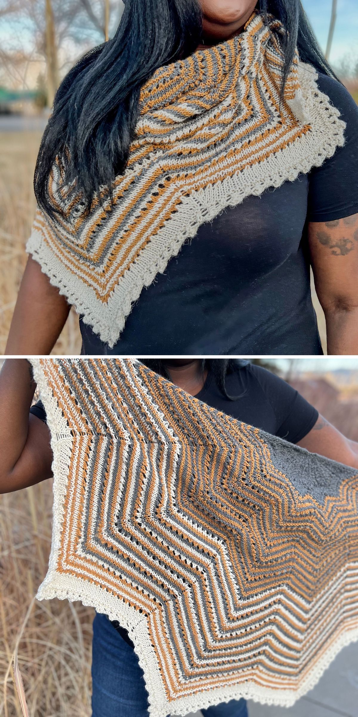 A person wearing a knit shawl in cream, brown, and gray tones with textured and striped patterns, shown both draped over the shoulders and held up to highlight the intricate design.