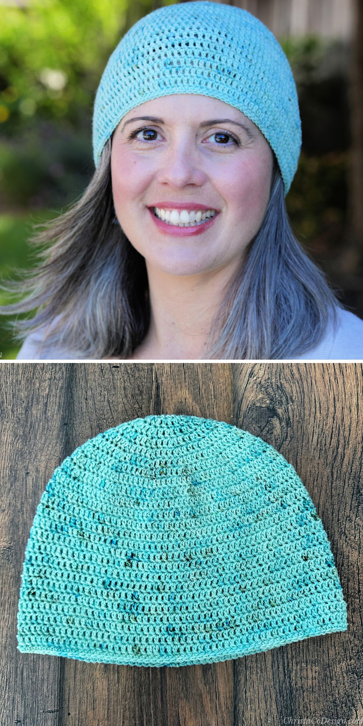 A woman wearing a light blue crocheted beanie, reminiscent of the delicate texture found in a crochet sun hat, and a close-up of the same beanie laid flat on a wooden surface.