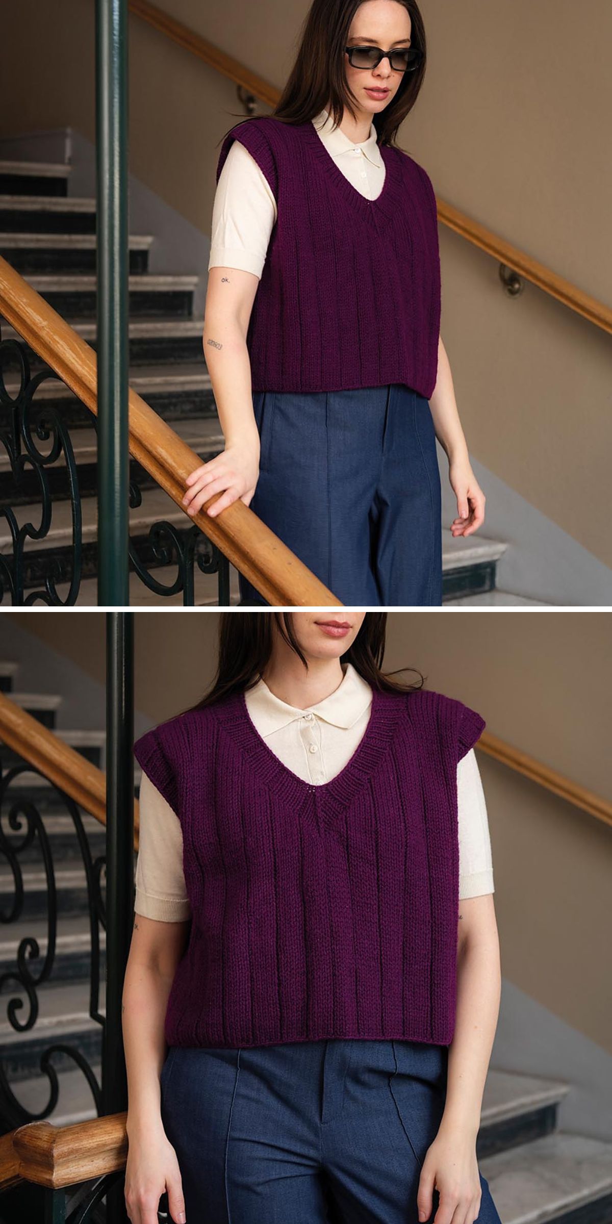 A woman wearing sunglasses, a cream short-sleeve top, blue pants, and a stylish knit vest stands on a staircase with a wooden handrail.