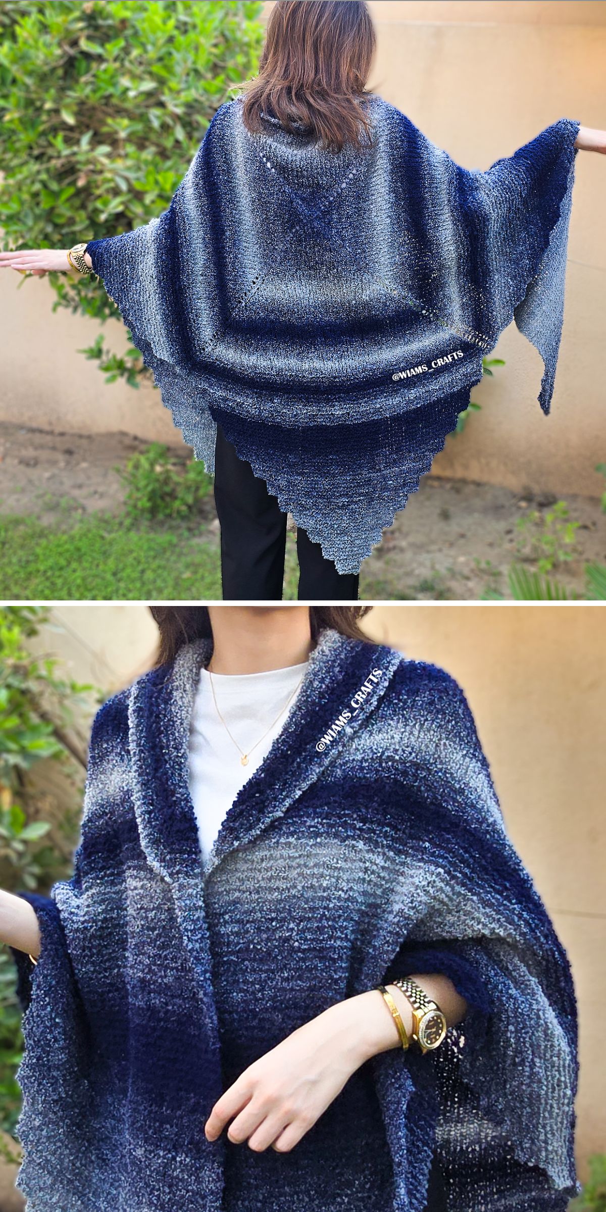 A person displays a large, blue gradient knit shawl outdoors, shown both spread wide and draped elegantly around the shoulders.