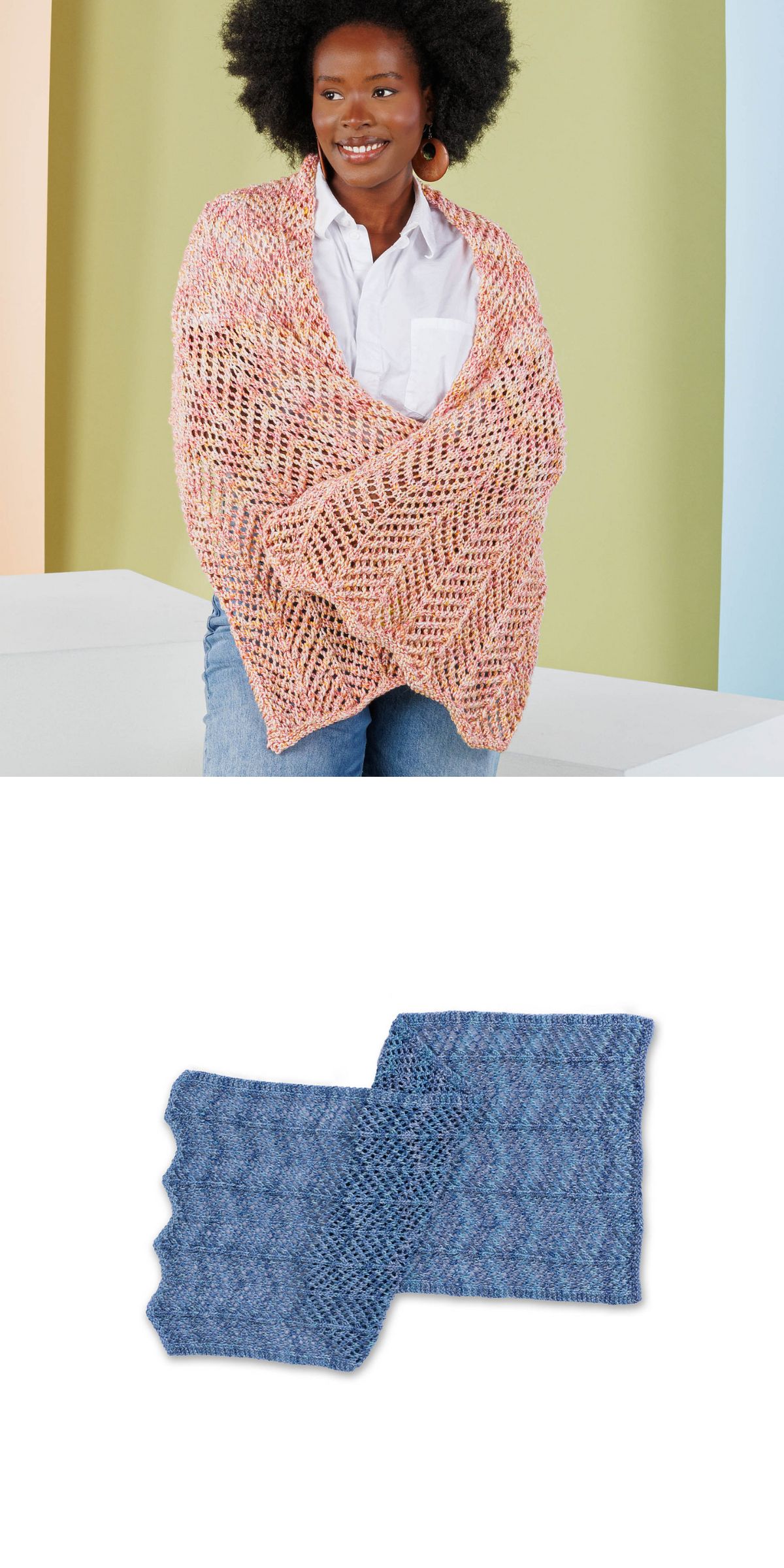 A person wearing a pink knit shawl stands and smiles; below is a blue crocheted rectangular scarf laid flat on a white background.