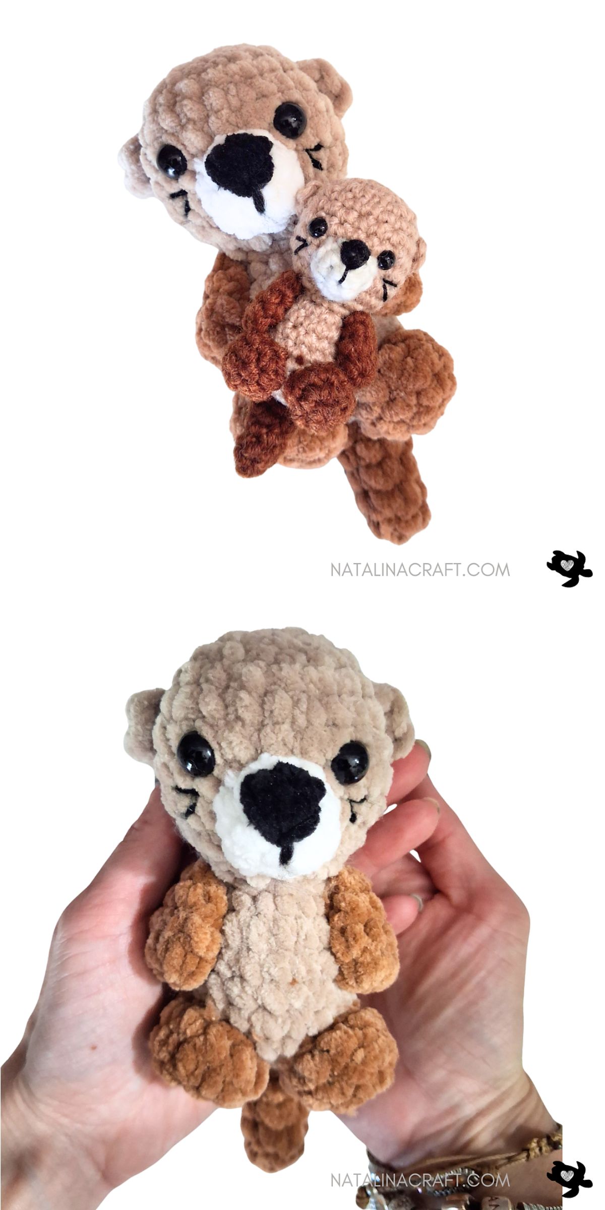Two photos: one shows a hand holding a crochet otter plush with a smaller otter, the other shows the same hand holding just the larger crochet otter. Both toys are crocheted and brown.
