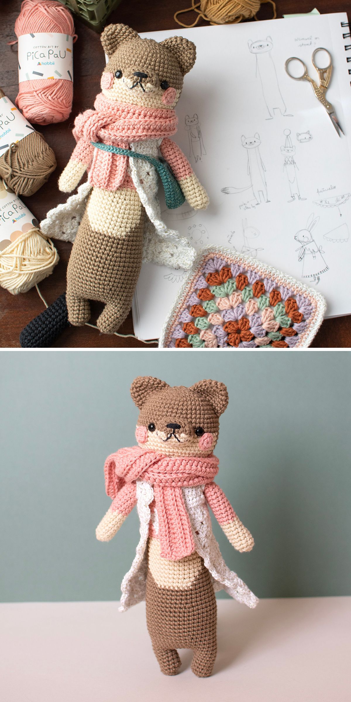 A crochet animal otter with a pink and white scarf is shown beside yarn, a crochet square, and otter sketches; the finished toy is displayed against a plain background.