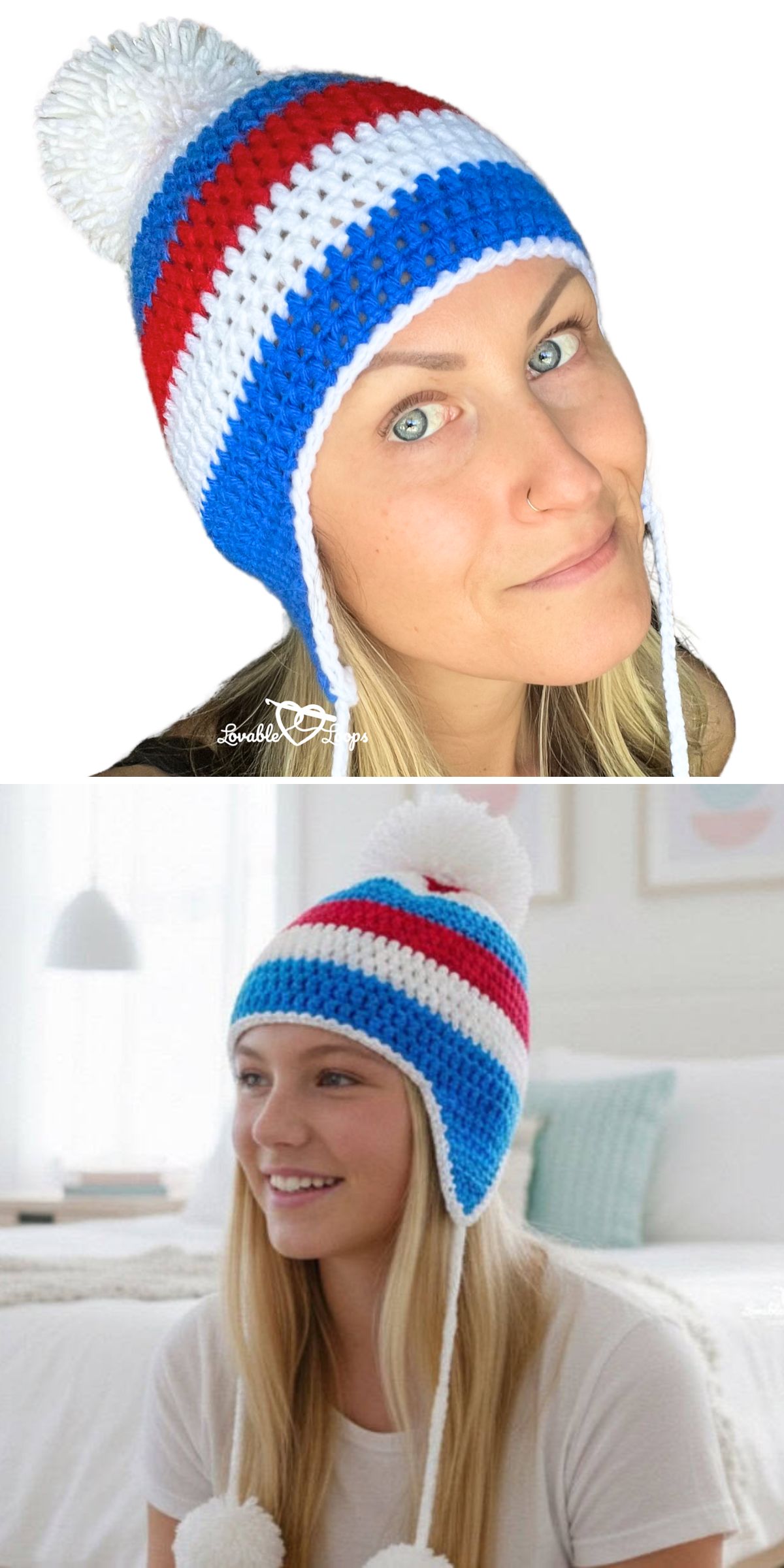 Two women wear crocheted hats with blue, red, and white stripes, earflaps, and white pom-poms on top — perfect for showing off your patriotic crochet ideas.
