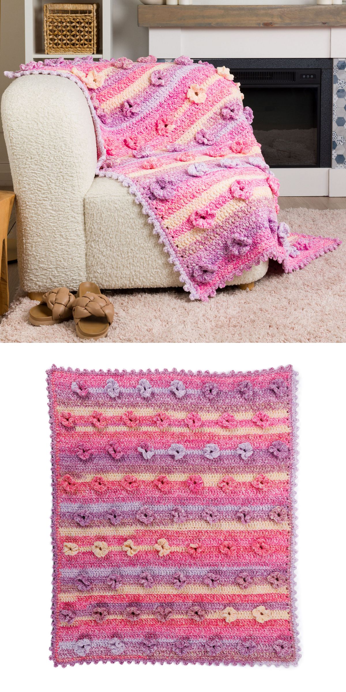 A pastel pink, purple, and yellow crochet flower blanket with textured patterns is draped over a white armchair and shown flat in a separate view—perfect inspiration for those seeking crochet flower blanket patterns.
