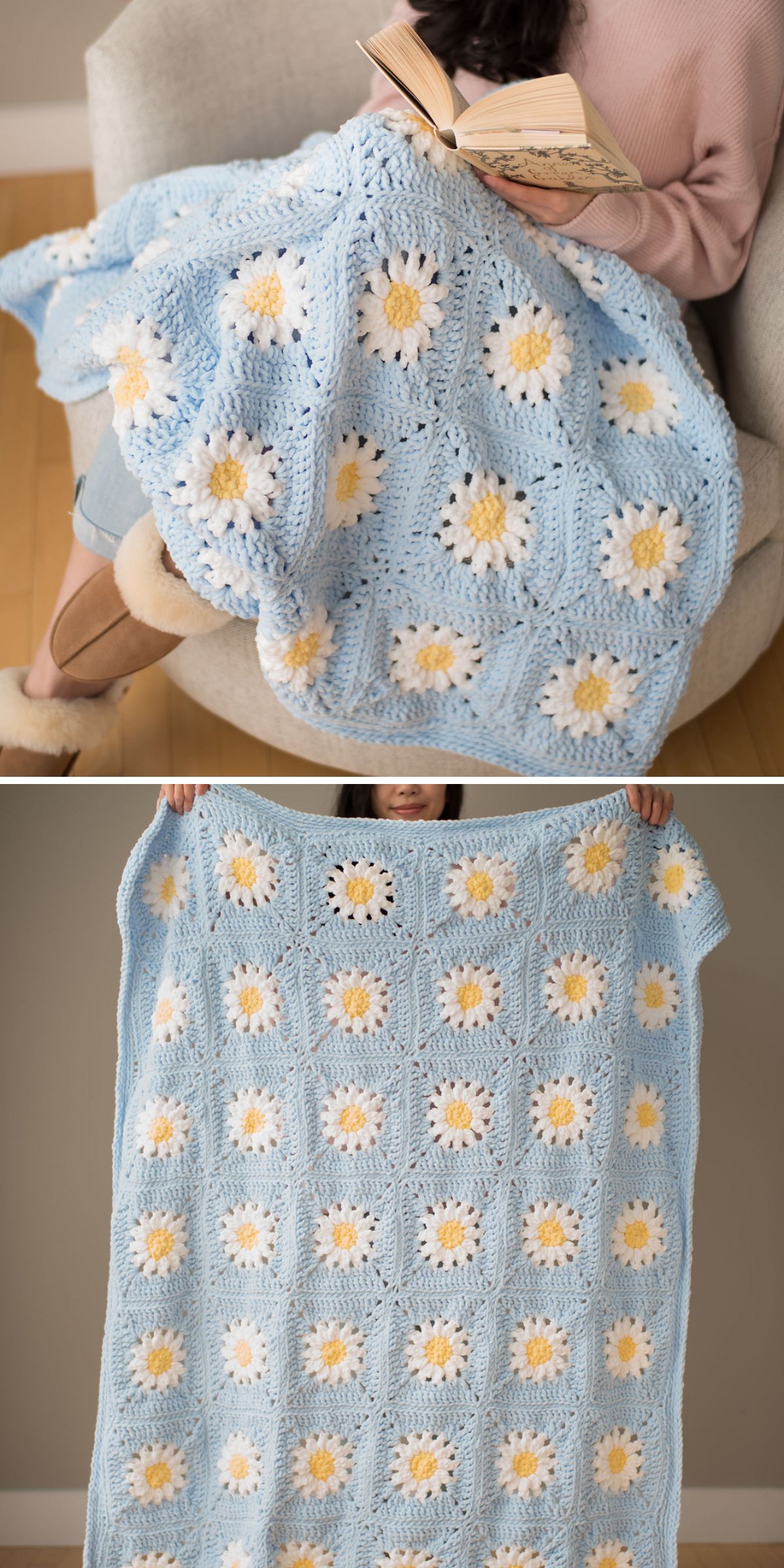 A person holds and uses a light blue crochet flower blanket adorned with white and yellow daisy motifs, showing a close-up in use and a full view of the blanket laid out.