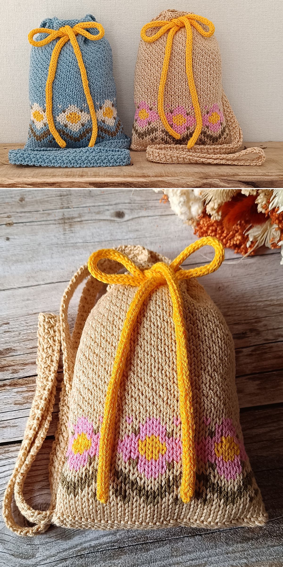 Three knit bags with drawstring closures, featuring delicate floral patterns and cheerful yellow ties, are displayed on a wooden surface against a neutral wall.