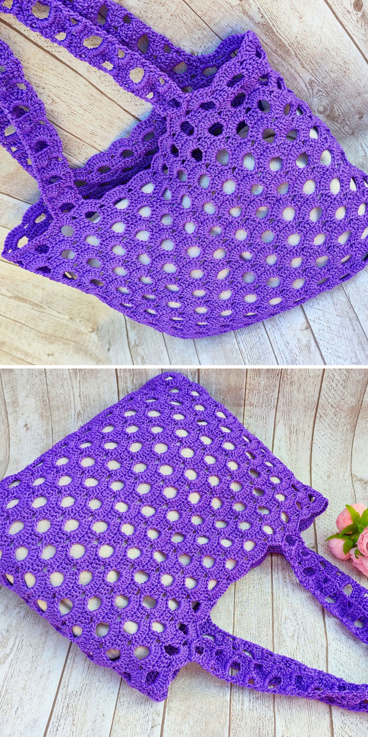 Two images of a purple crochet bag with a scalloped edge and handles, displayed on a light wooden surface.