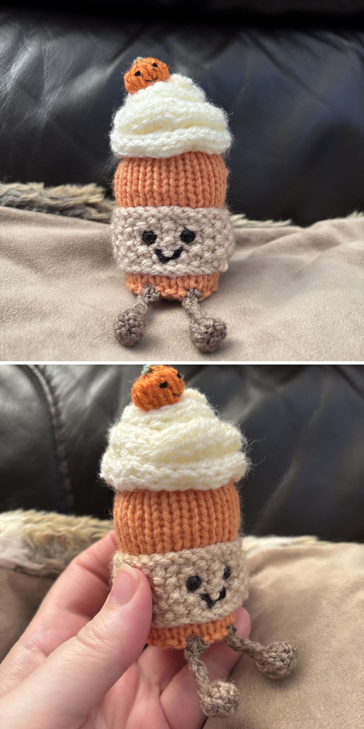 Two photos of a small knit toy resembling a cupcake with a smiling face, orange and white icing, and brown legs, shown on a couch and held in a hand.