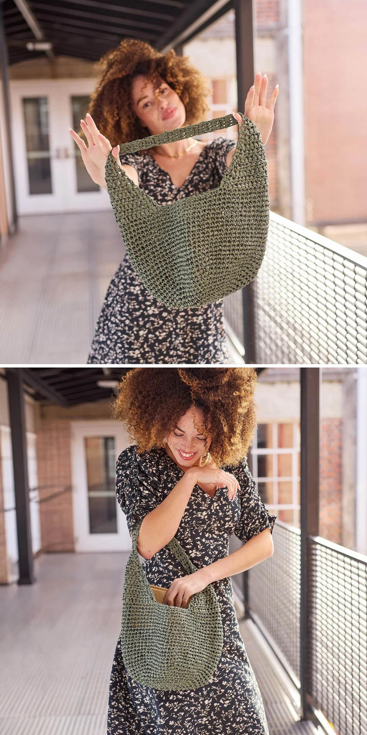 A woman in a patterned dress stands on a walkway, holding and showing the inside of a large green crochet bag draped over her shoulder.