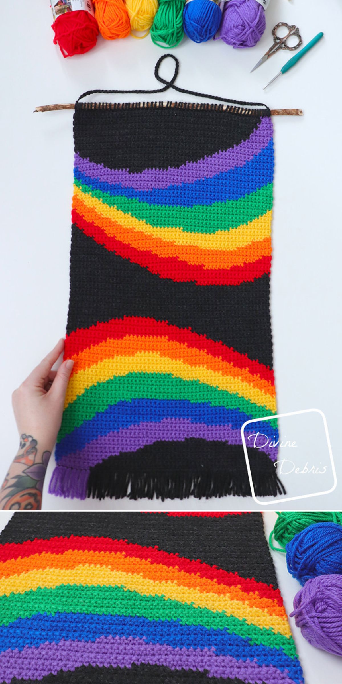 A hand holds a crocheted wall hanging with a rainbow pattern on a black background — perfect for home decor. Colored yarn, scissors, and a crochet hook are visible at the top, inspiring your next project with Crochet Wall Hanging Patterns.