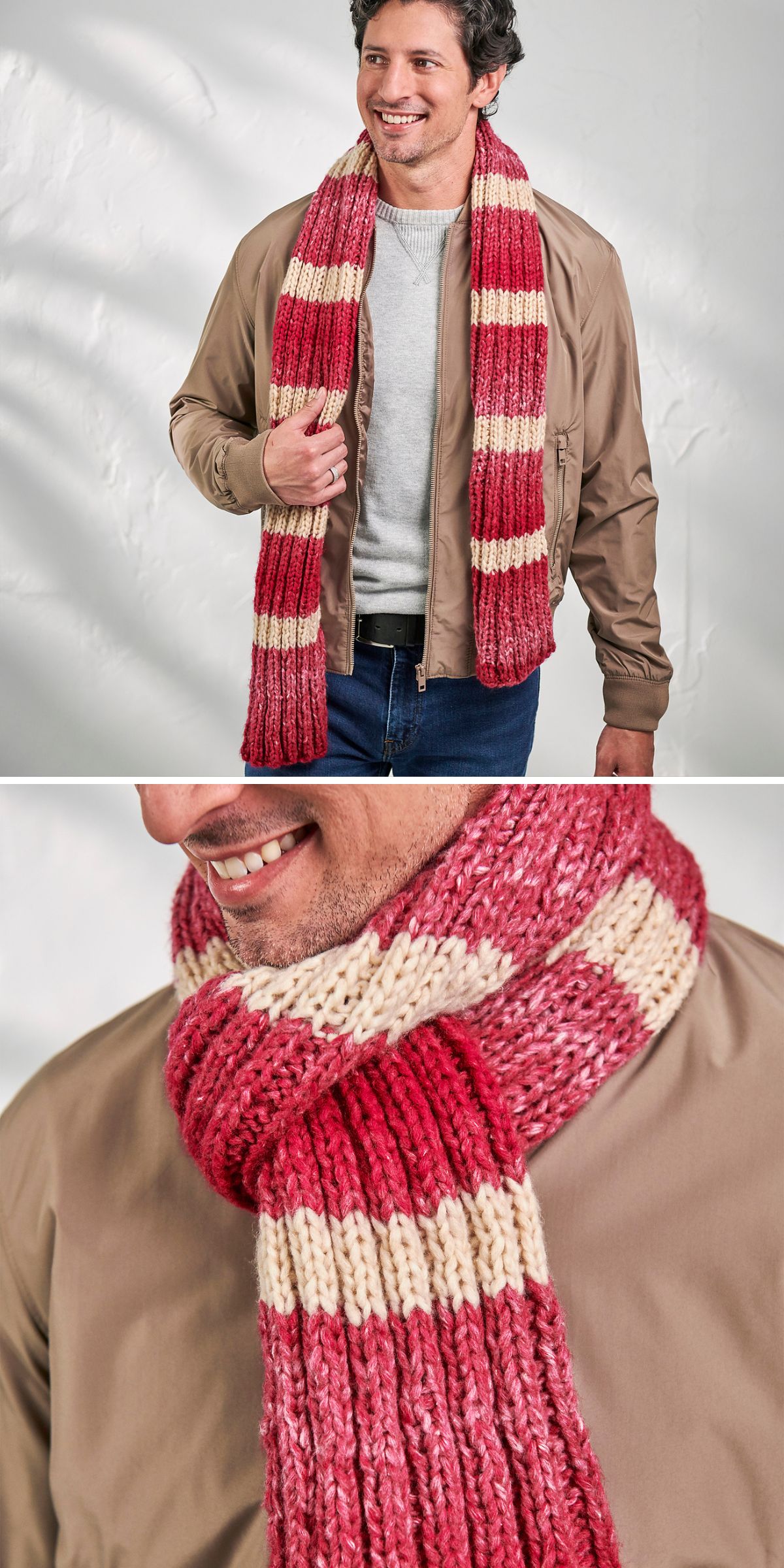 Man wearing a chunky ribbed knit scarf with wide pink and cream stripes, styled with a casual jacket.