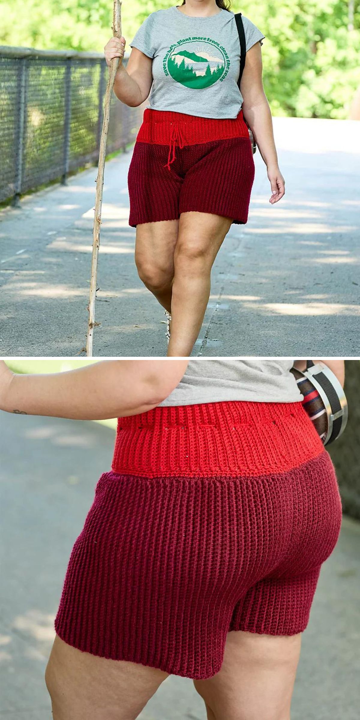 Person walking outdoors wearing a gray t-shirt and red crochet shorts, holding a walking stick, with trees and a fence in the background.