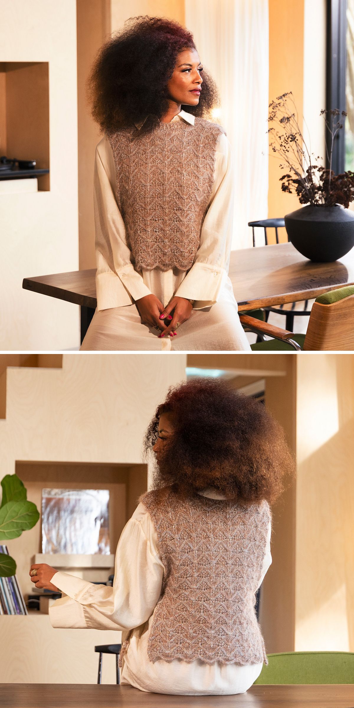 A woman sits indoors at a table wearing a cream dress shirt and a beige knit vest, showing how classic to modern styles can be combined effortlessly. The second image captures the back of her outfit.