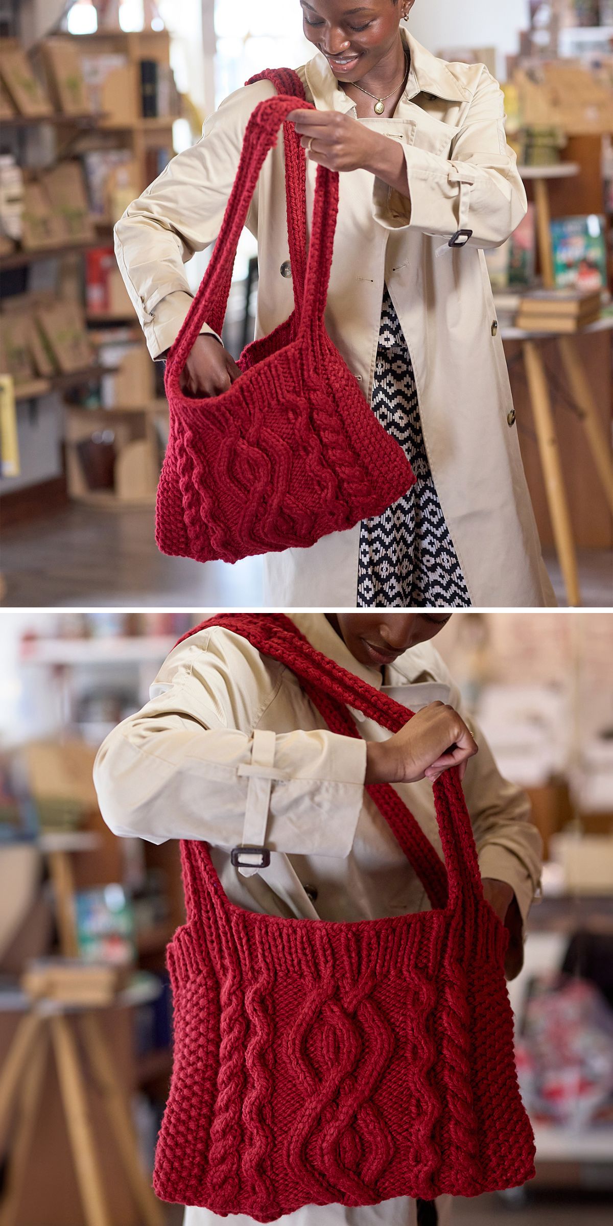 A person wearing a beige trench coat holds and opens a large, red knit bag inside a store, with shelves and books in the background.