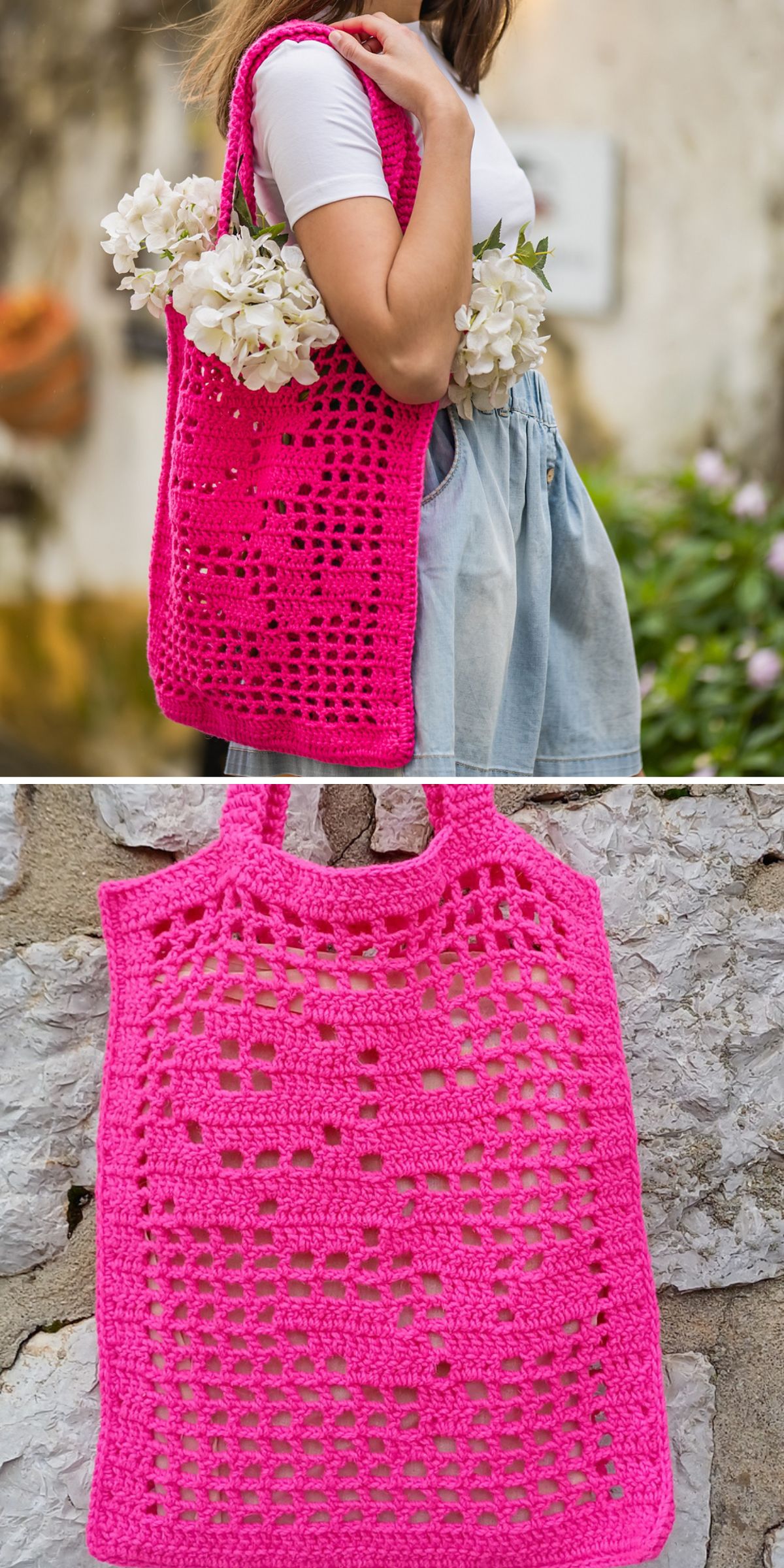 A woman carries a bright pink crochet bag with white flowers inside; a close-up shows the tote’s textured, openwork pattern set beautifully against a stone wall.