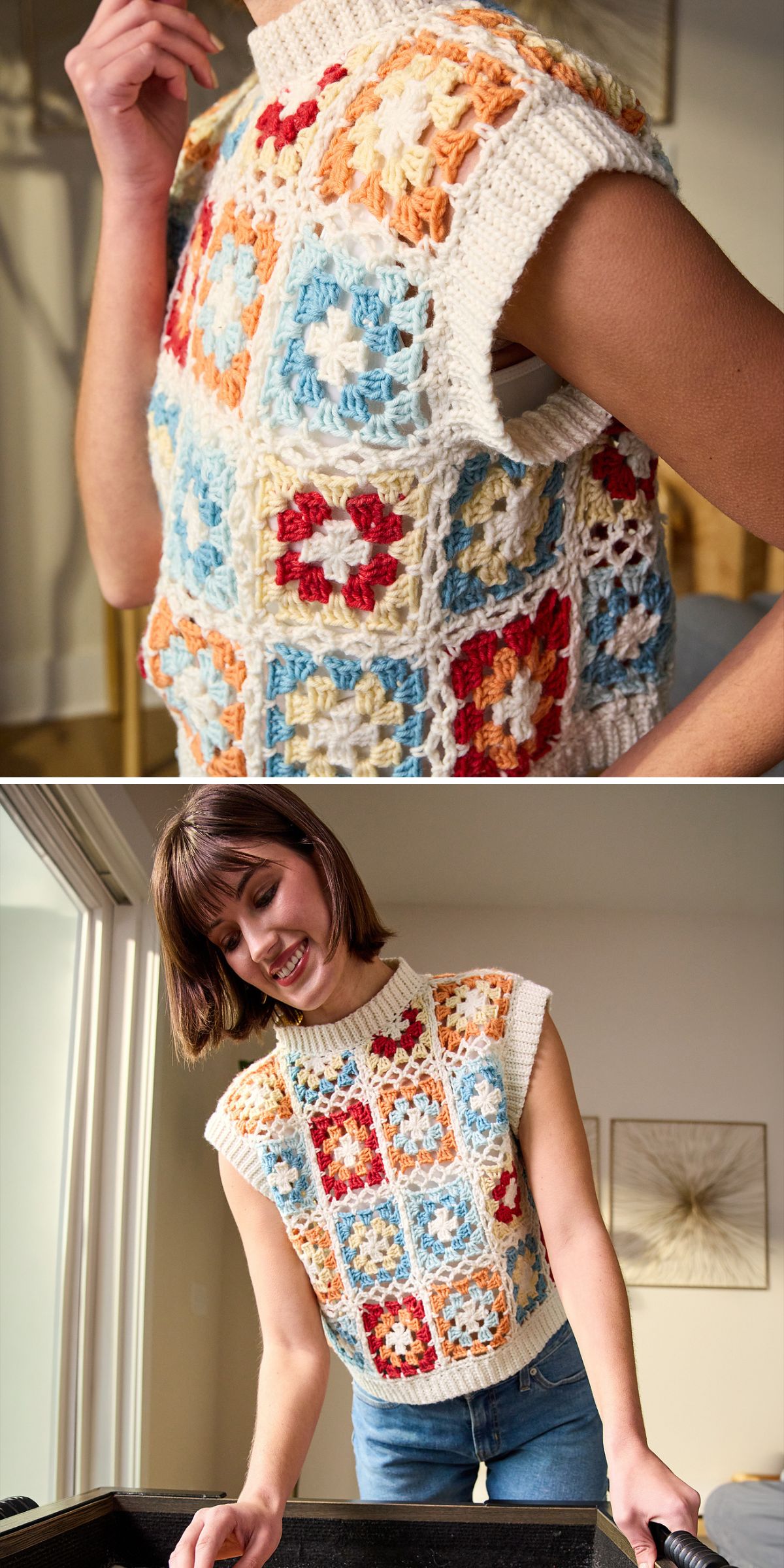 A person wearing a sleeveless crochet vest with colorful granny squares stands indoors, smiling warmly.