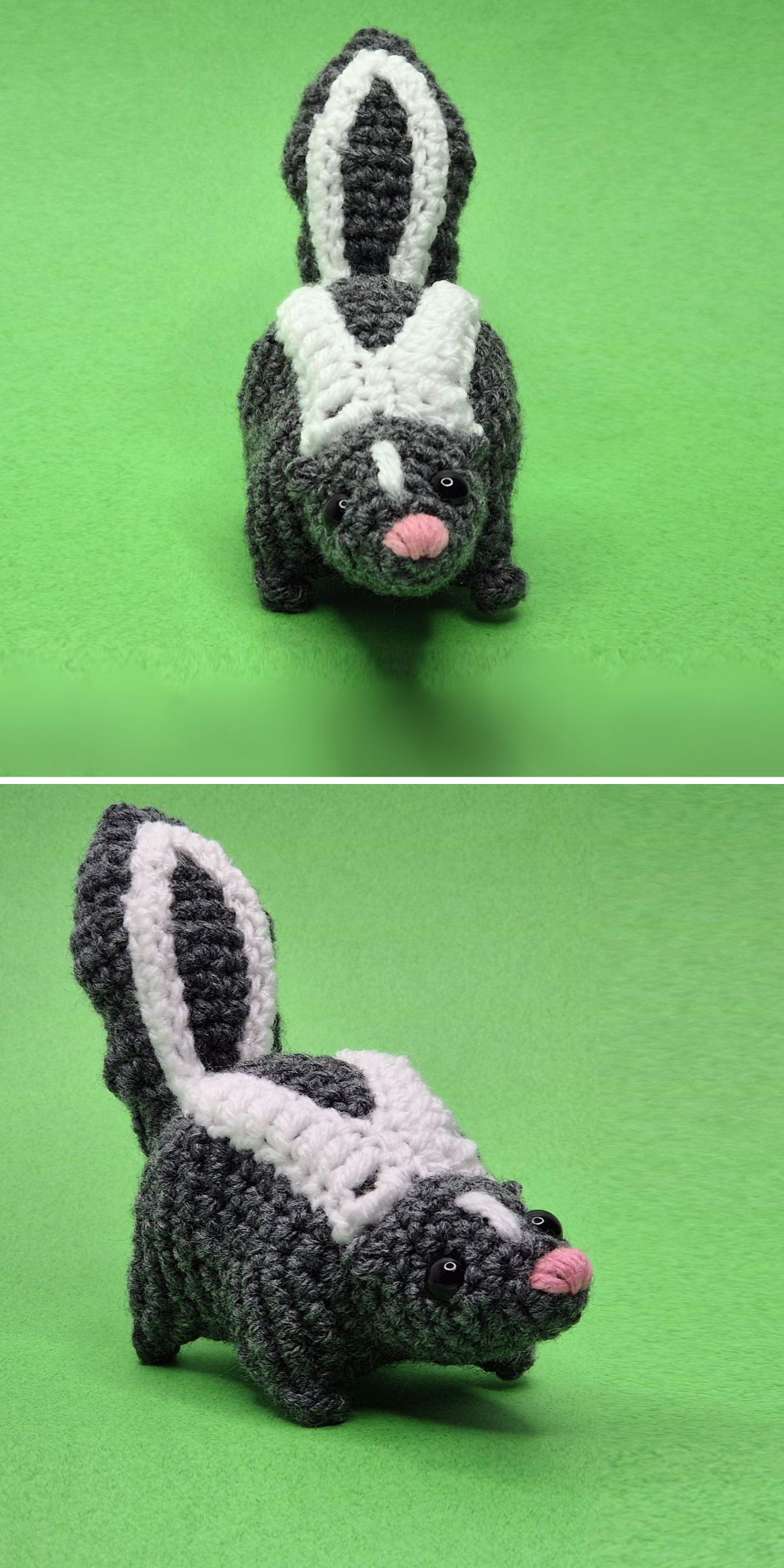 Two views of a crochet animal skunk plush toy made with black and white yarn, pink nose, and black bead eyes, posed on a bright green background.