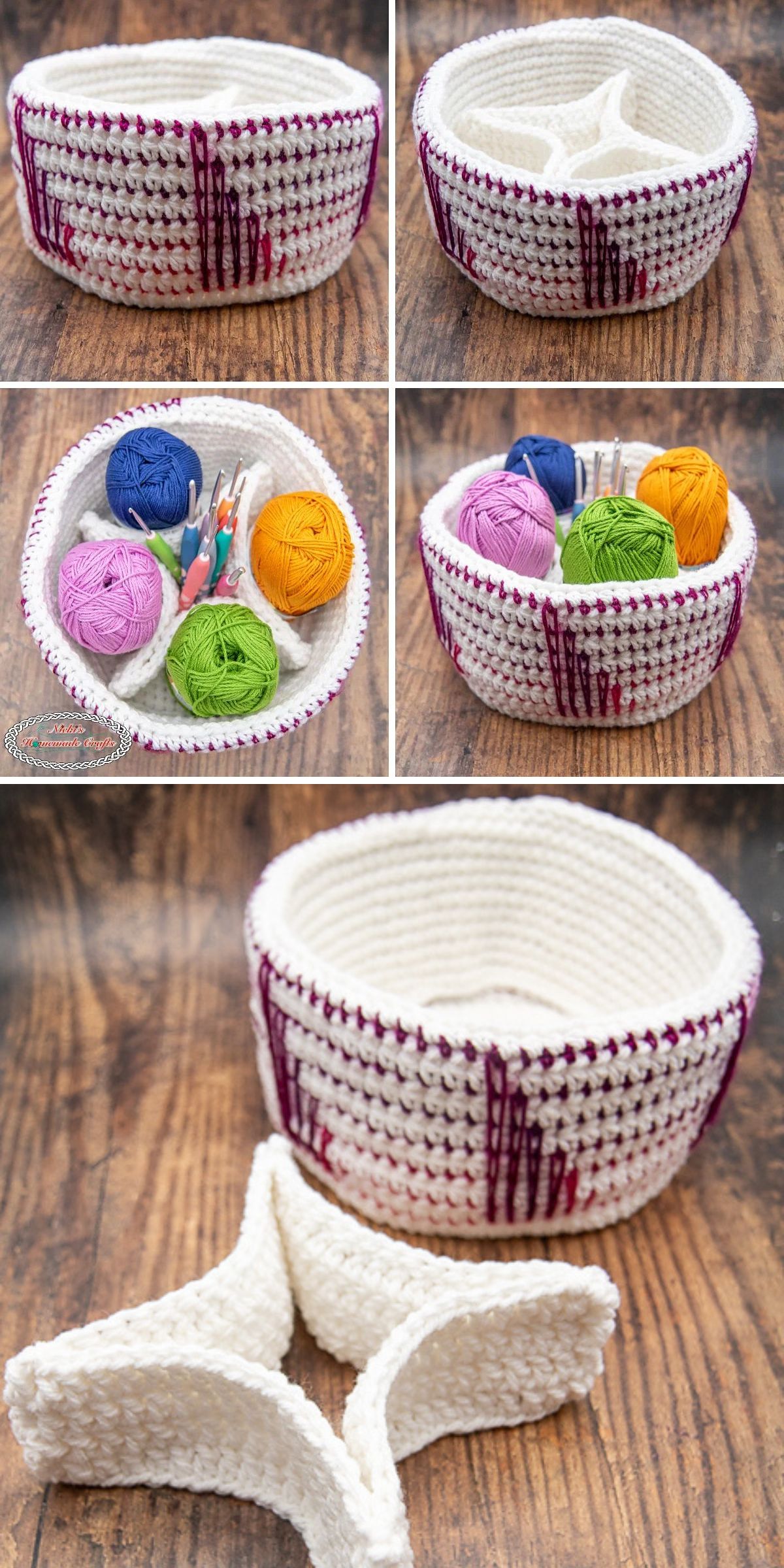 Collage showing a round crochet basket with white and purple accents, displayed empty, filled with yarn balls and crochet hooks, and featuring a removable divider on a wooden surface.