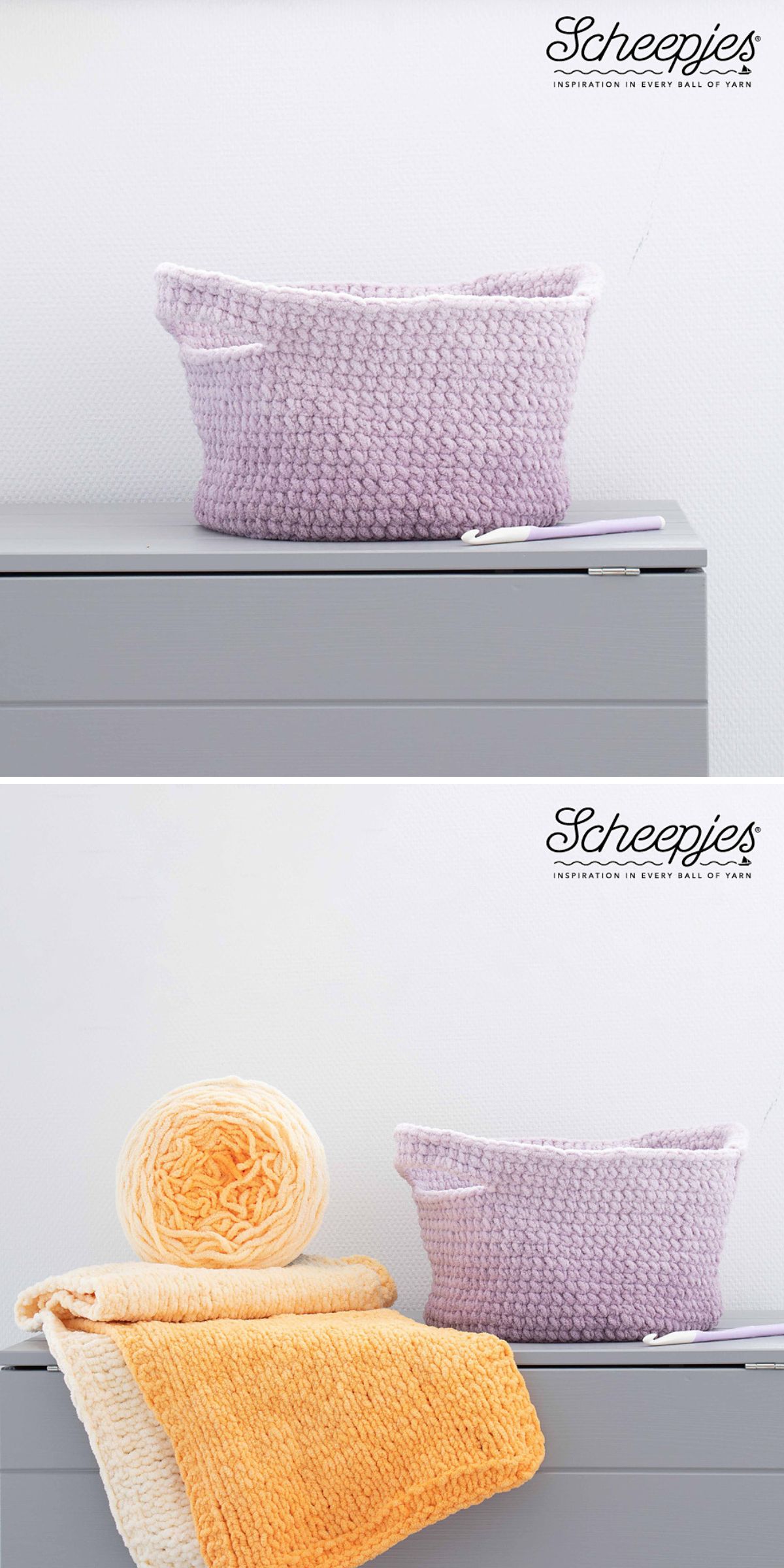 Two images showcase a charming crochet basket in purple; the first image features just the basket, while the second includes a yellow skein of yarn and a folded yellow knitted piece displayed beside it.