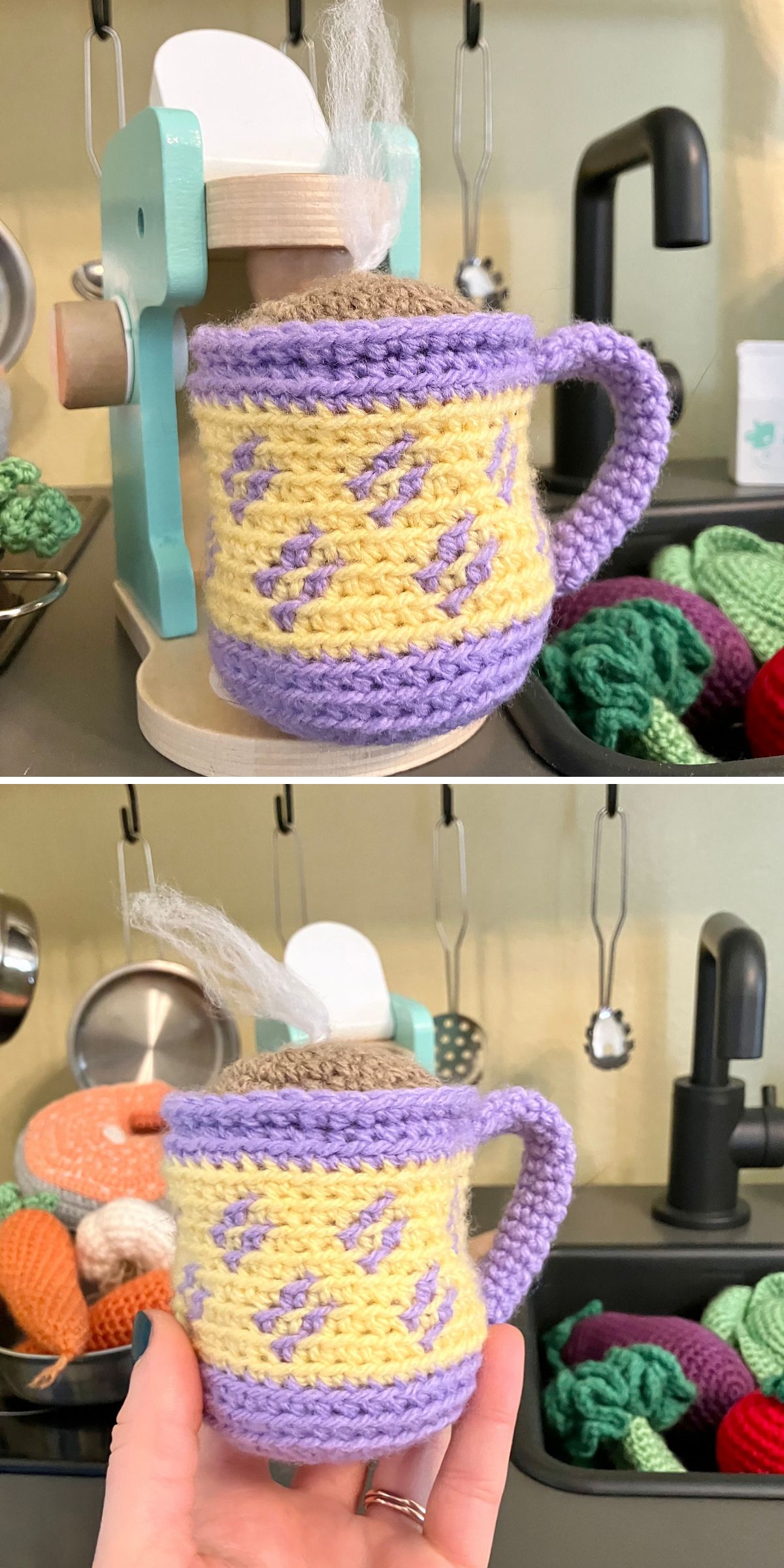 Two photos show a hand holding a crocheted mug with a purple and yellow crochet drink pattern, topped with white fibers to resemble steam; toy food and kitchen items appear in the background.