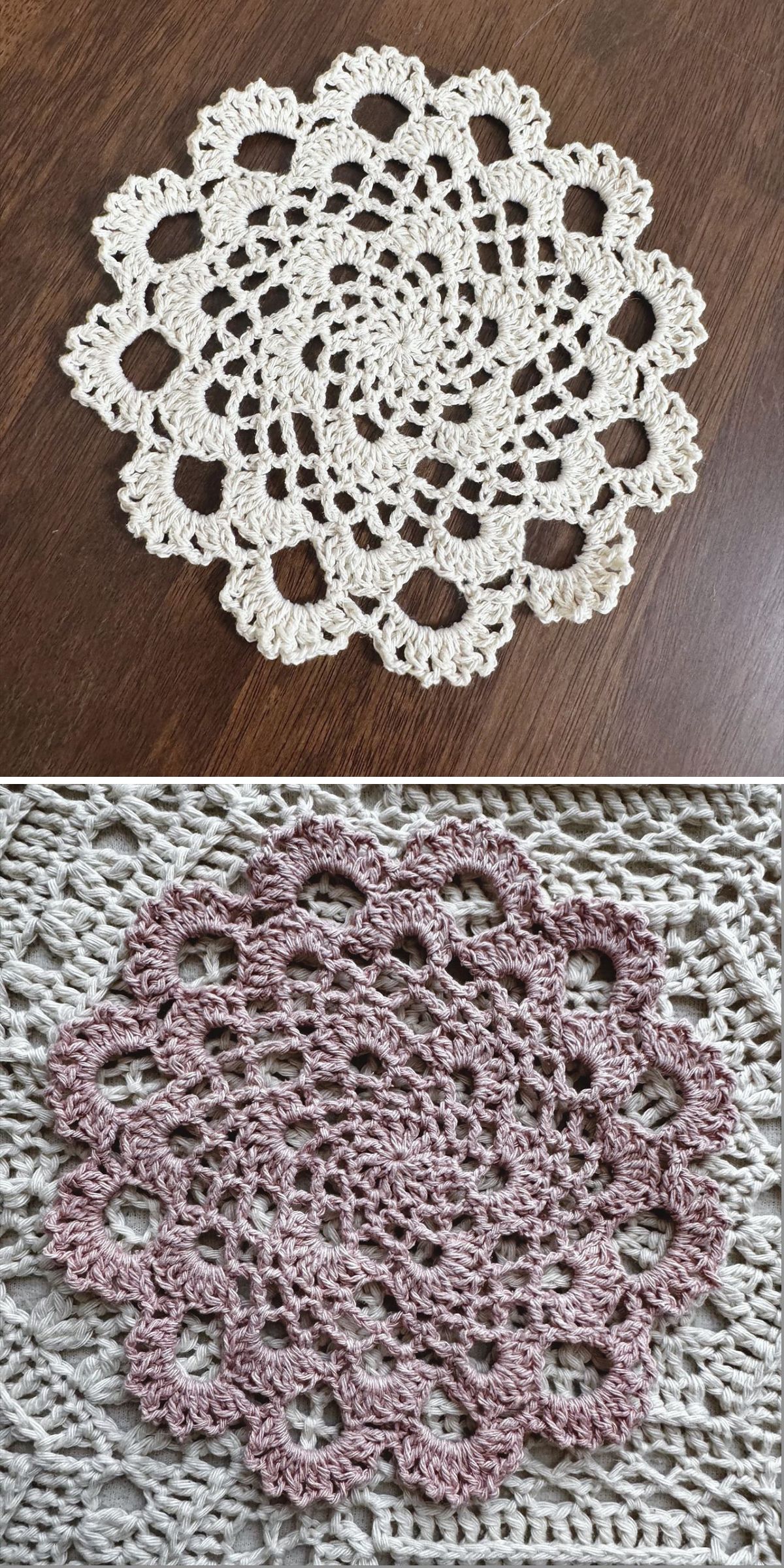 Two crochet doilies with circular patterns—one in off-white, the other in pink and beige—are beautifully displayed on a wooden and a fabric surface.