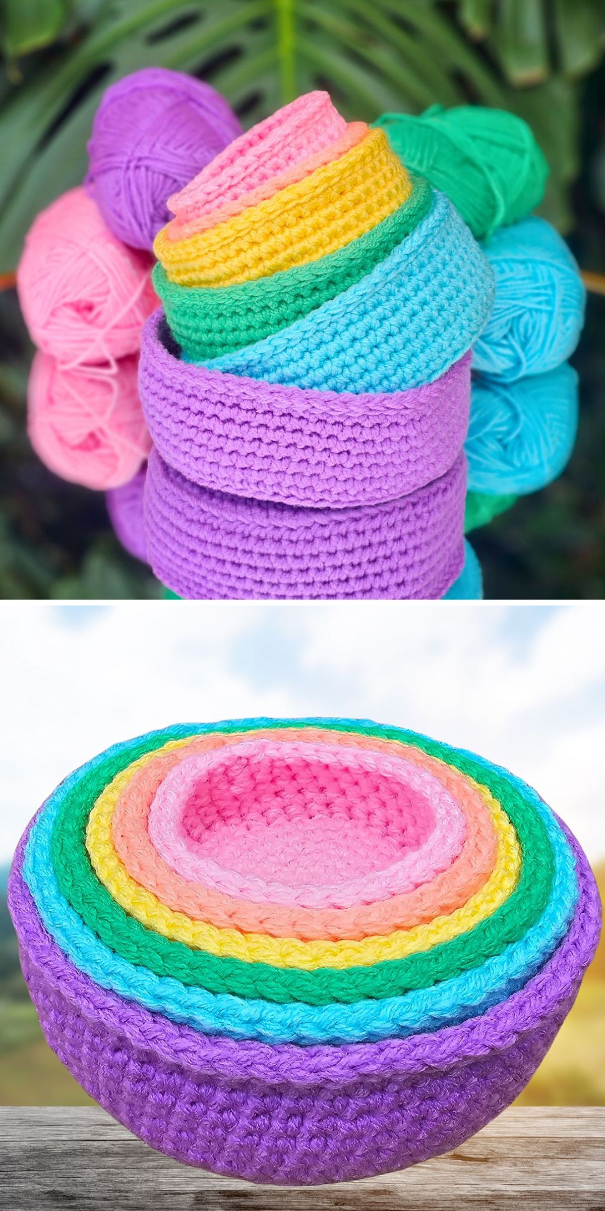 Stacked and nested colorful crochet baskets with matching yarn balls in pink, yellow, green, blue, and purple, beautifully displayed outdoors.