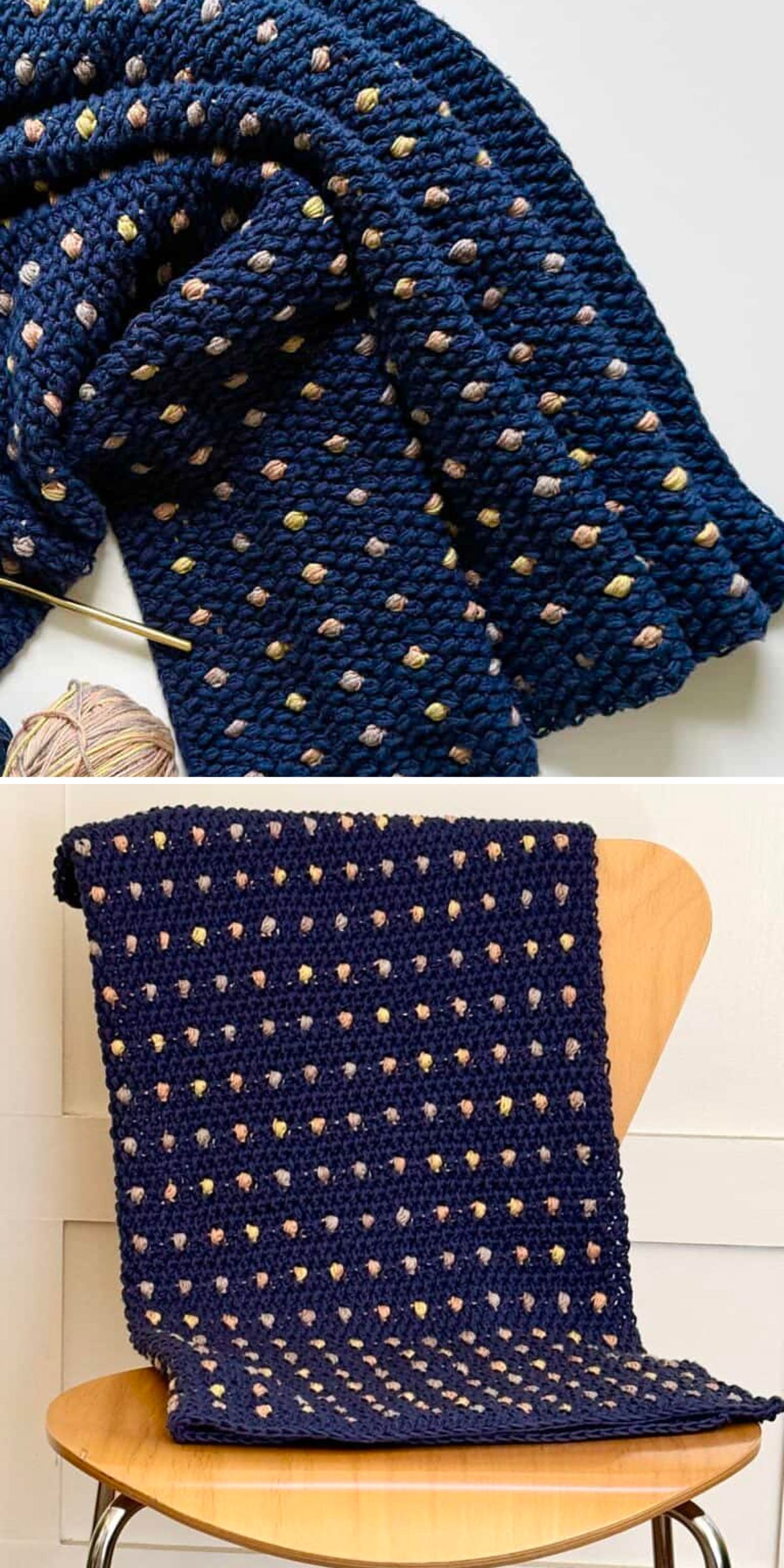 A navy blue crocheted bobble stitch blanket with evenly spaced small multicolored dots, shown draped on a surface and on a wooden chair.