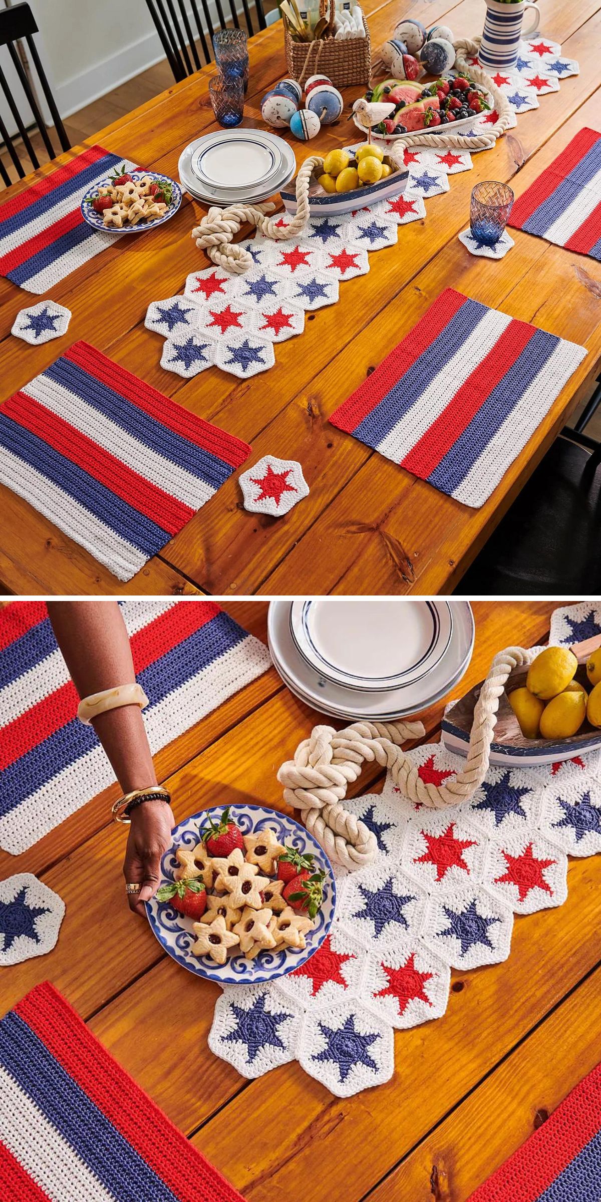 Two images showcase a wooden dining table set with red, white, and blue crocheted placemats and a star-patterned runner — decorated with dishes, fruit, nautical rope, and inspired by creative Patriotic Crochet Ideas.