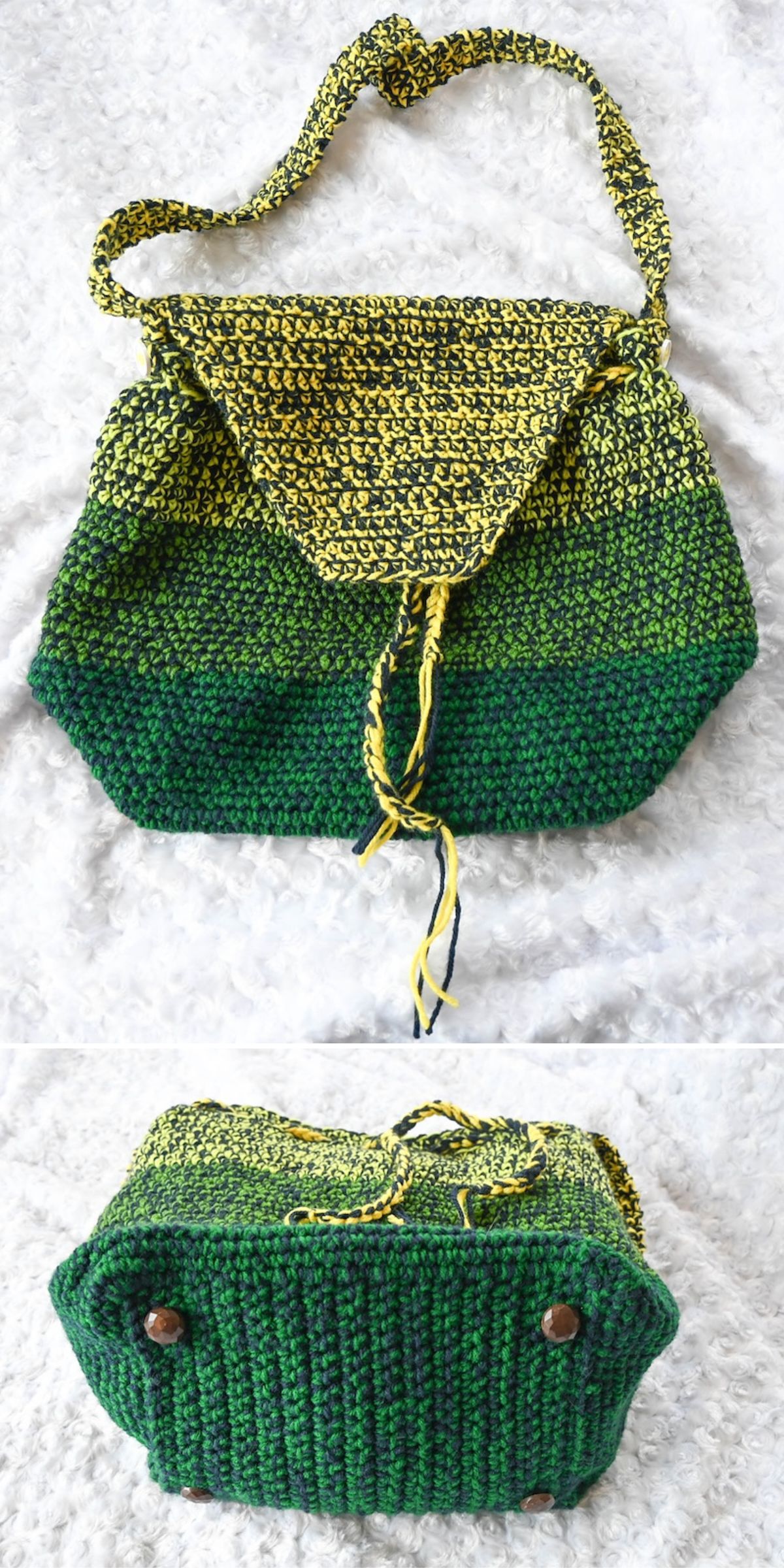 A handmade crochet crossbody bag with a yellow and green pattern, featuring a flap closure, twisted cord tie, and four metal studs on the base.