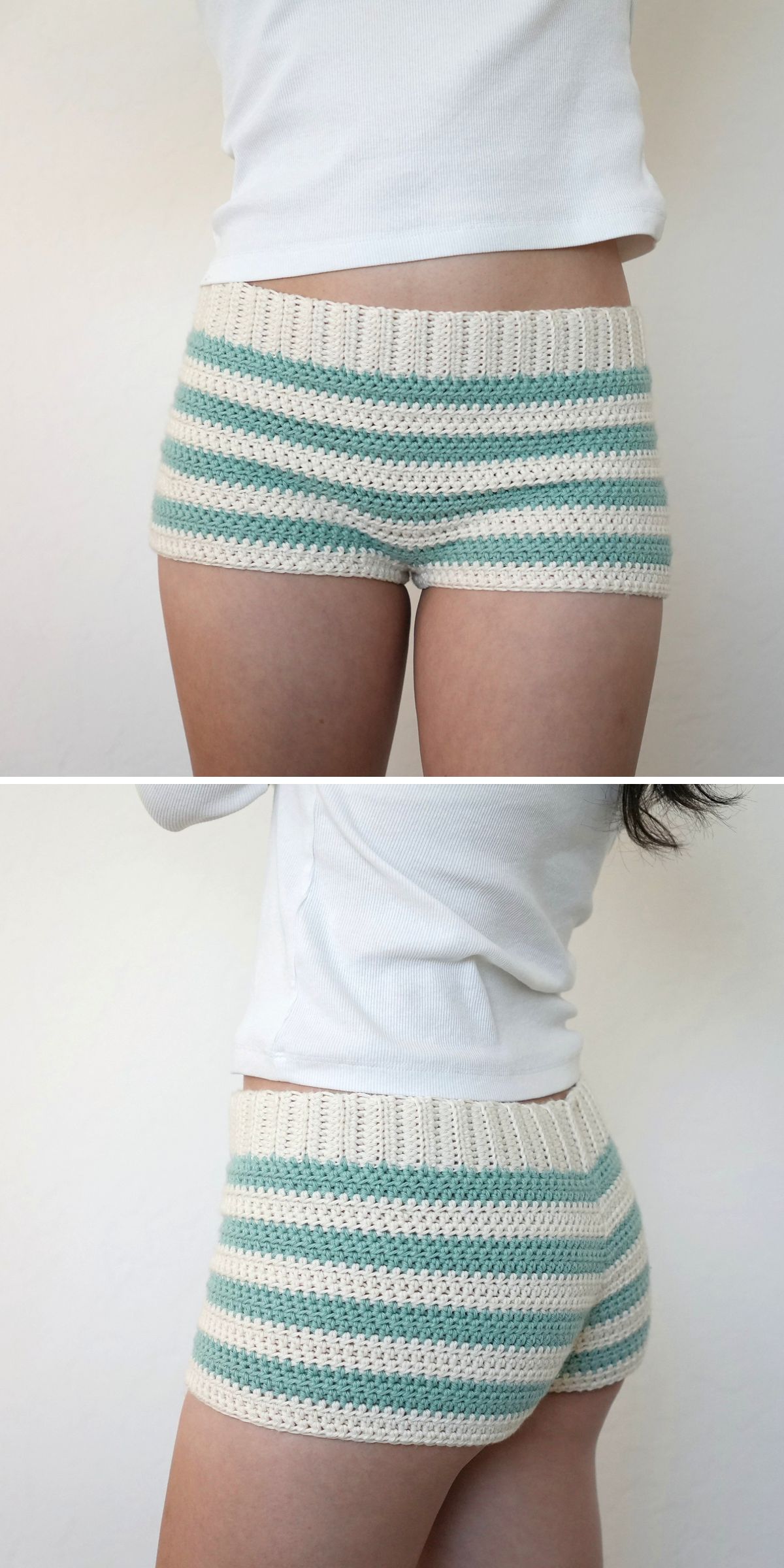 A person is shown from the front and back, wearing green and white striped crochet shorts paired with a white long-sleeve shirt.