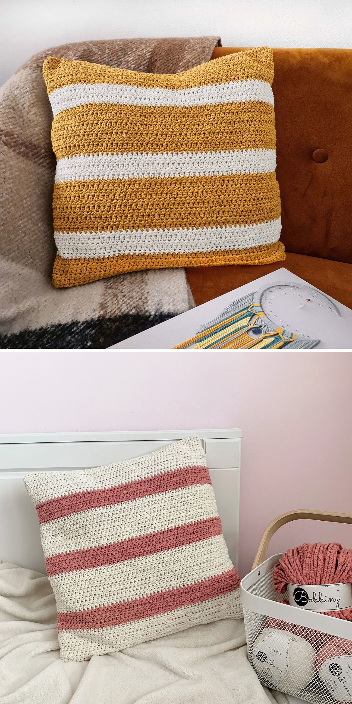 Two photos of crochet pillows: the top striped pillow is yellow and white on a brown couch; the bottom is a pink and white crochet pillow on a white bed beside a basket of yarn.
