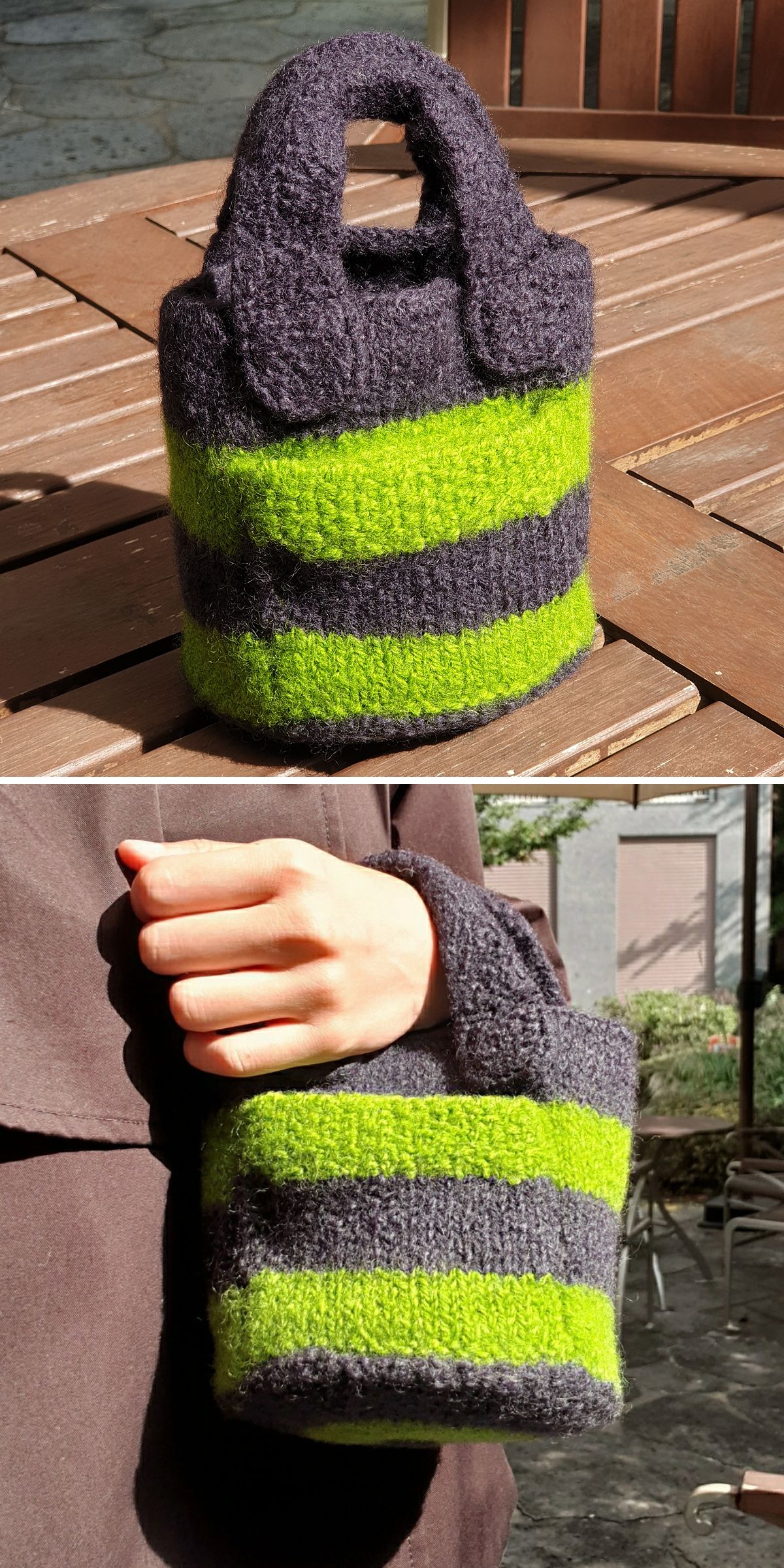 A small, fuzzy knit bag with green and dark gray horizontal stripes is shown on a wooden table and being held by a person outdoors.