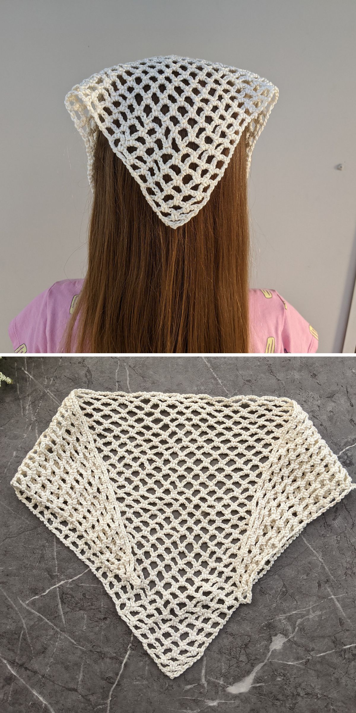 A white crochet bandana, styled as a triangular headscarf, is shown on a person’s head in the top image and laid flat on a gray surface in the bottom image.