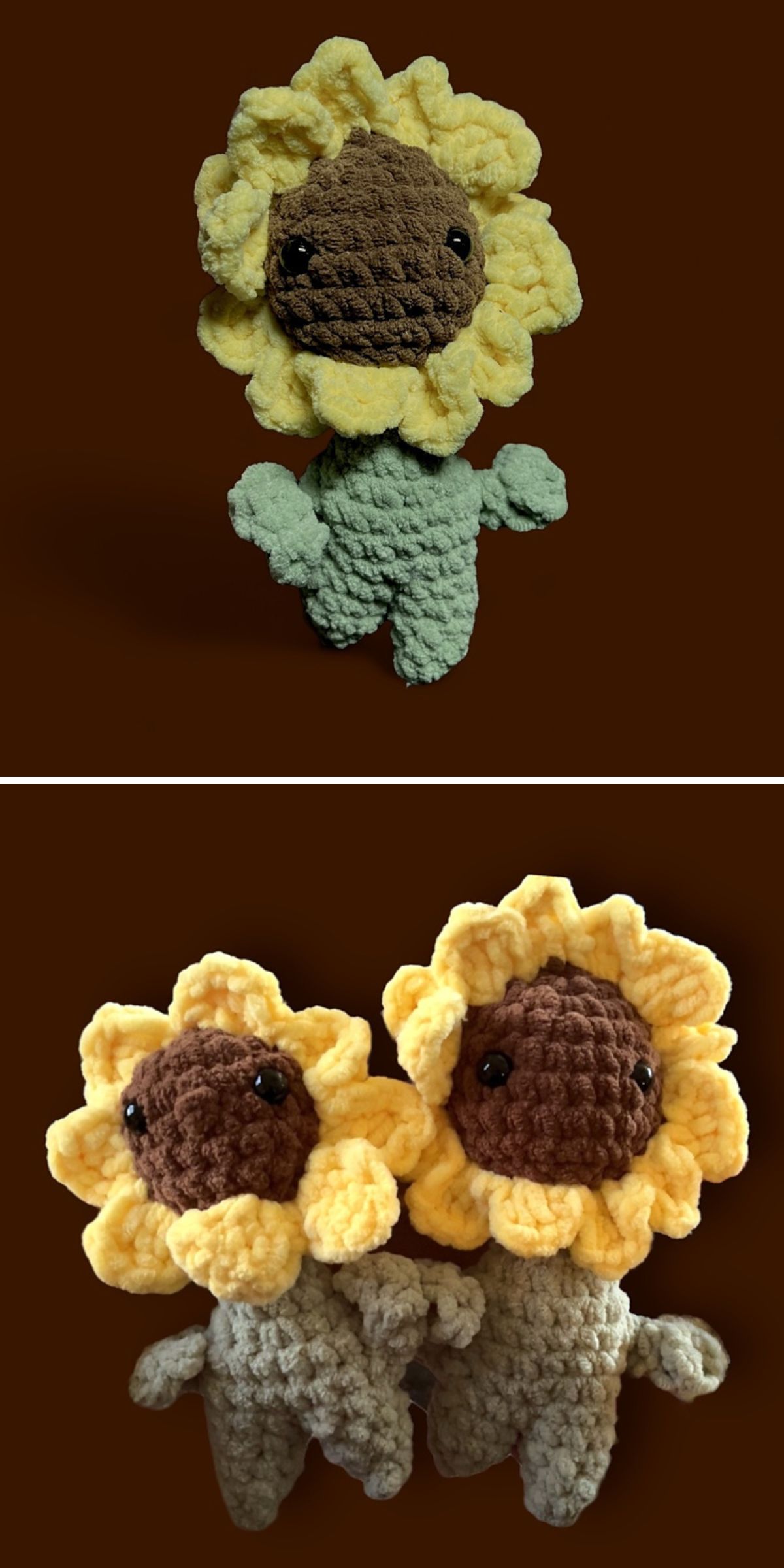 Three crochet sunflower dolls, each with a brown face and yellow petals, are displayed against a solid brown background. The top image shows one crochet sunflower doll; the bottom image shows two dolls together.