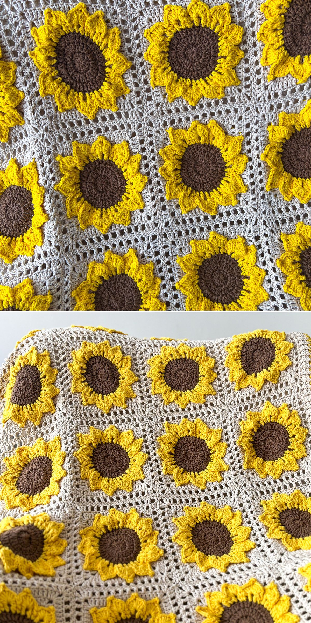 Crocheted flower blanket featuring a repeating pattern of yellow and brown sunflower motifs on a light gray background—perfect inspiration for those seeking beautiful crochet flower blanket patterns.