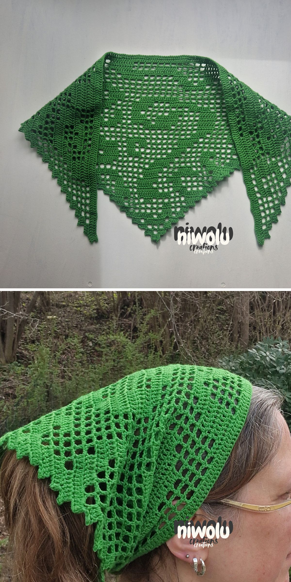 Green crocheted triangular kerchief with a lacy pattern, shown laid flat and worn as a crochet bandana on a person's head outdoors.