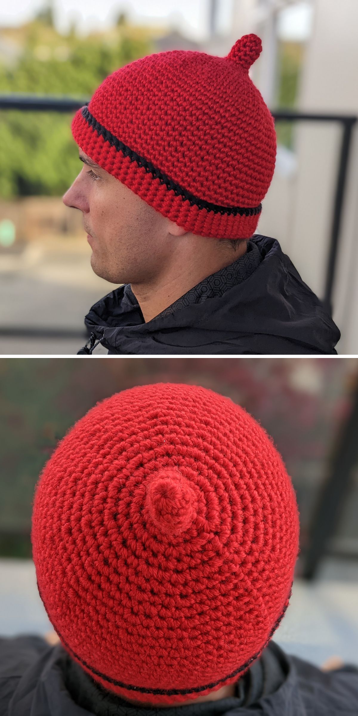 A man wears a red crochet hat for men with a small point on top and a black stripe; close-up shows the circular crochet pattern.
