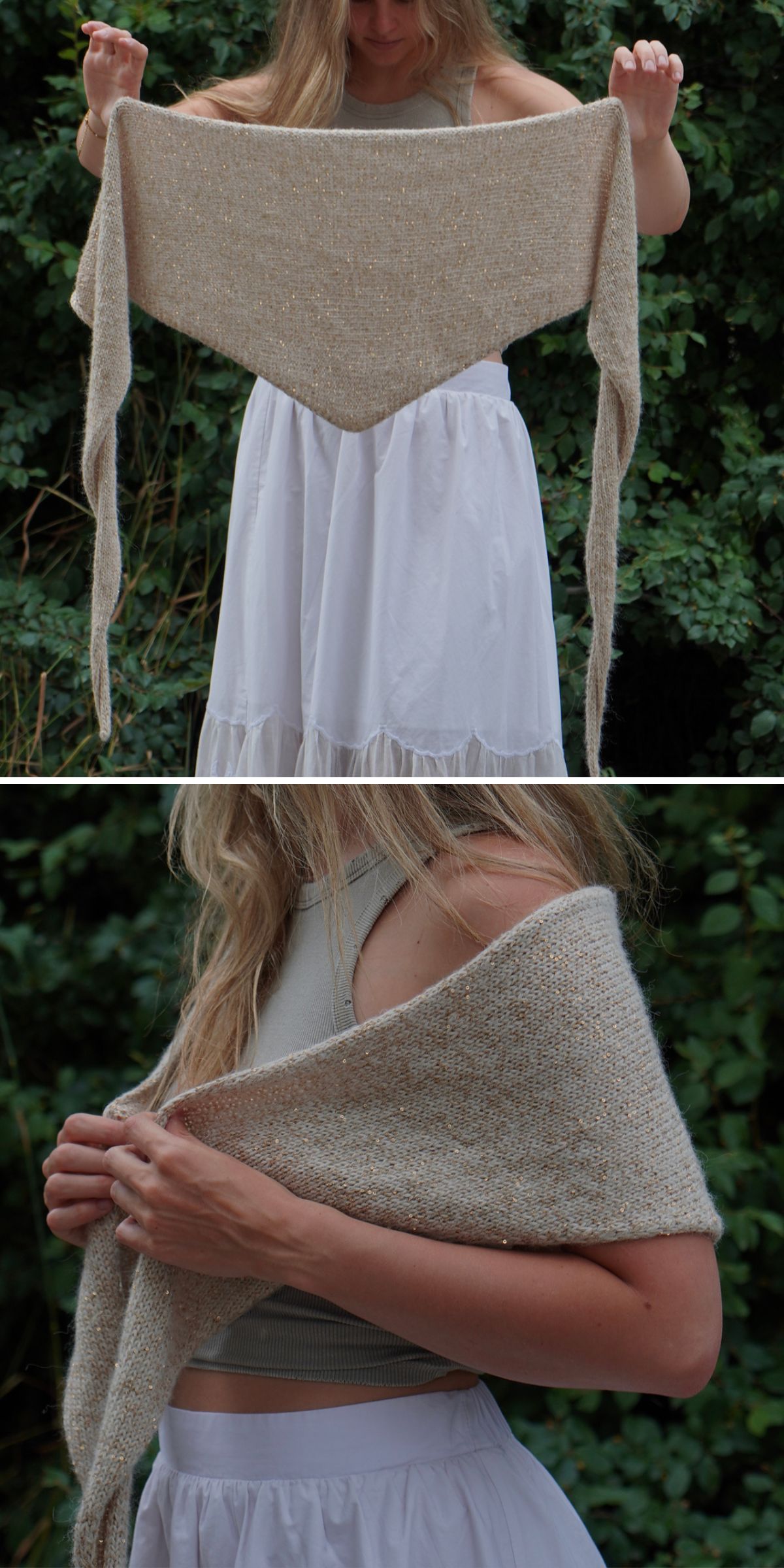 A woman in a white dress holds and wears a beige knit shawl outdoors, gracefully demonstrating its generous size and how beautifully it drapes over the shoulders.