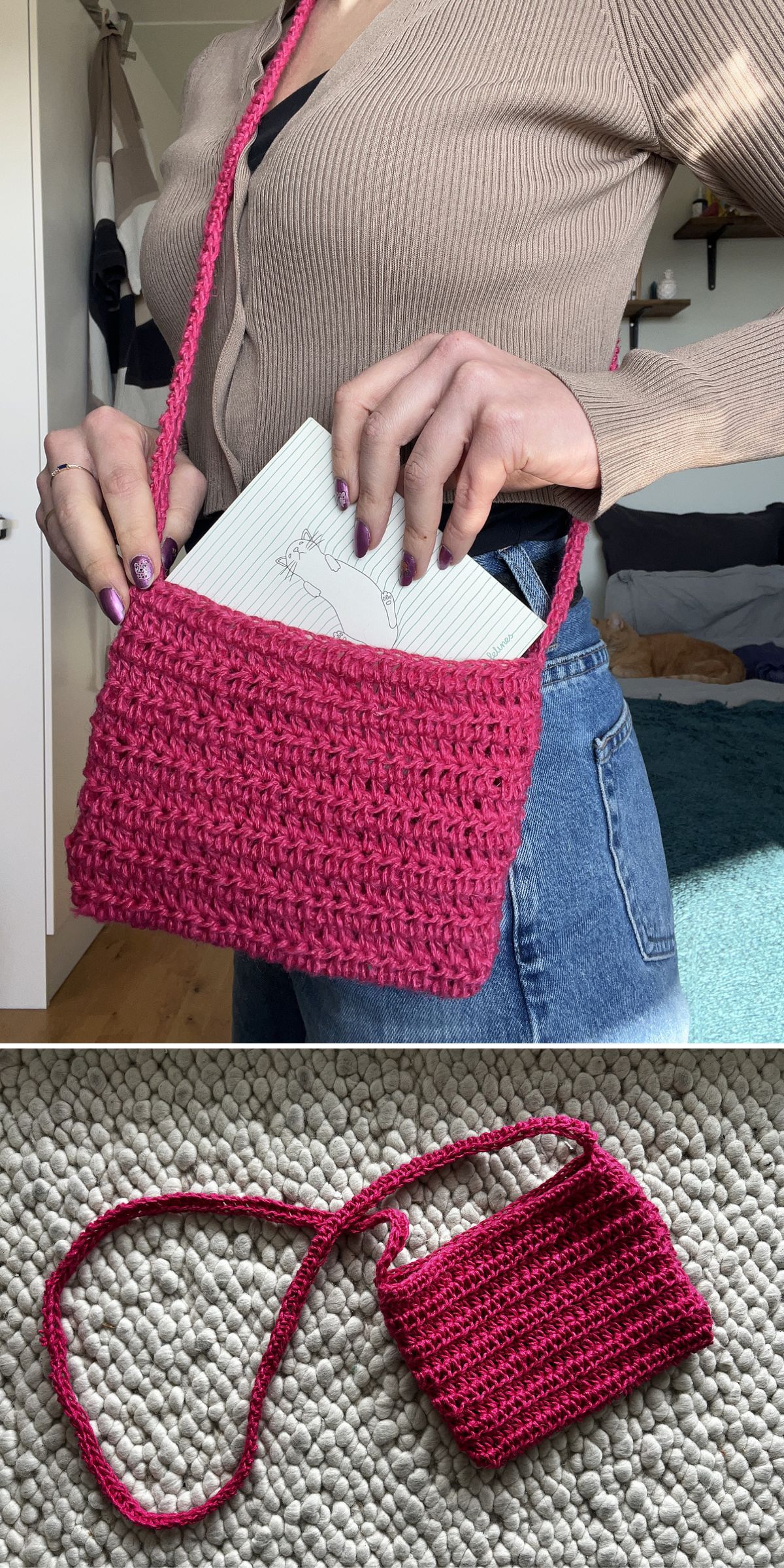 A person places a notebook into a pink crochet crossbody bag; a close-up below shows the empty bag on a gray textured surface.