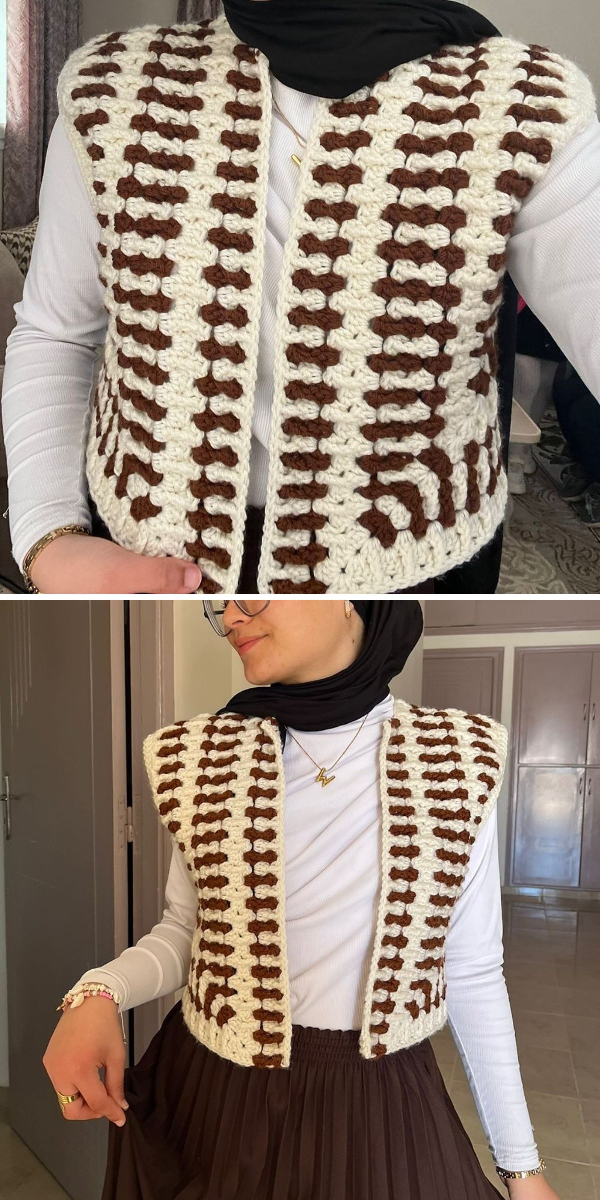 Two photos show a person wearing a crochet vest with a brown and white geometric pattern over a white long-sleeve shirt and a black headscarf.