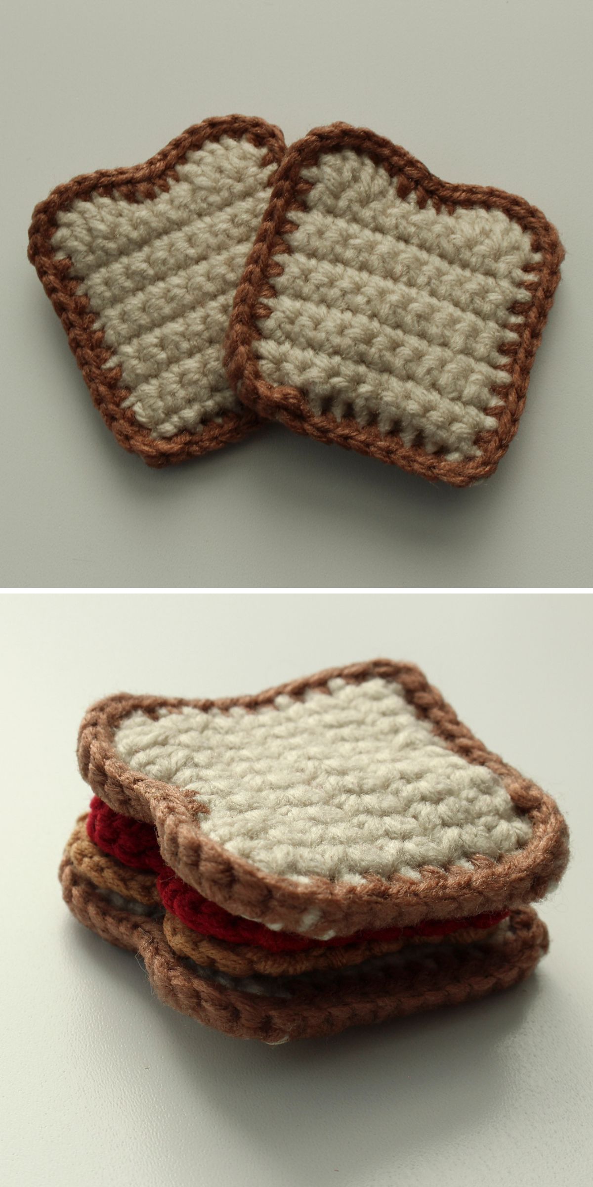 Two images show crochet food: crocheted slices of bread. In the second image, they're stacked with red and beige crocheted layers, resembling a playful sandwich.