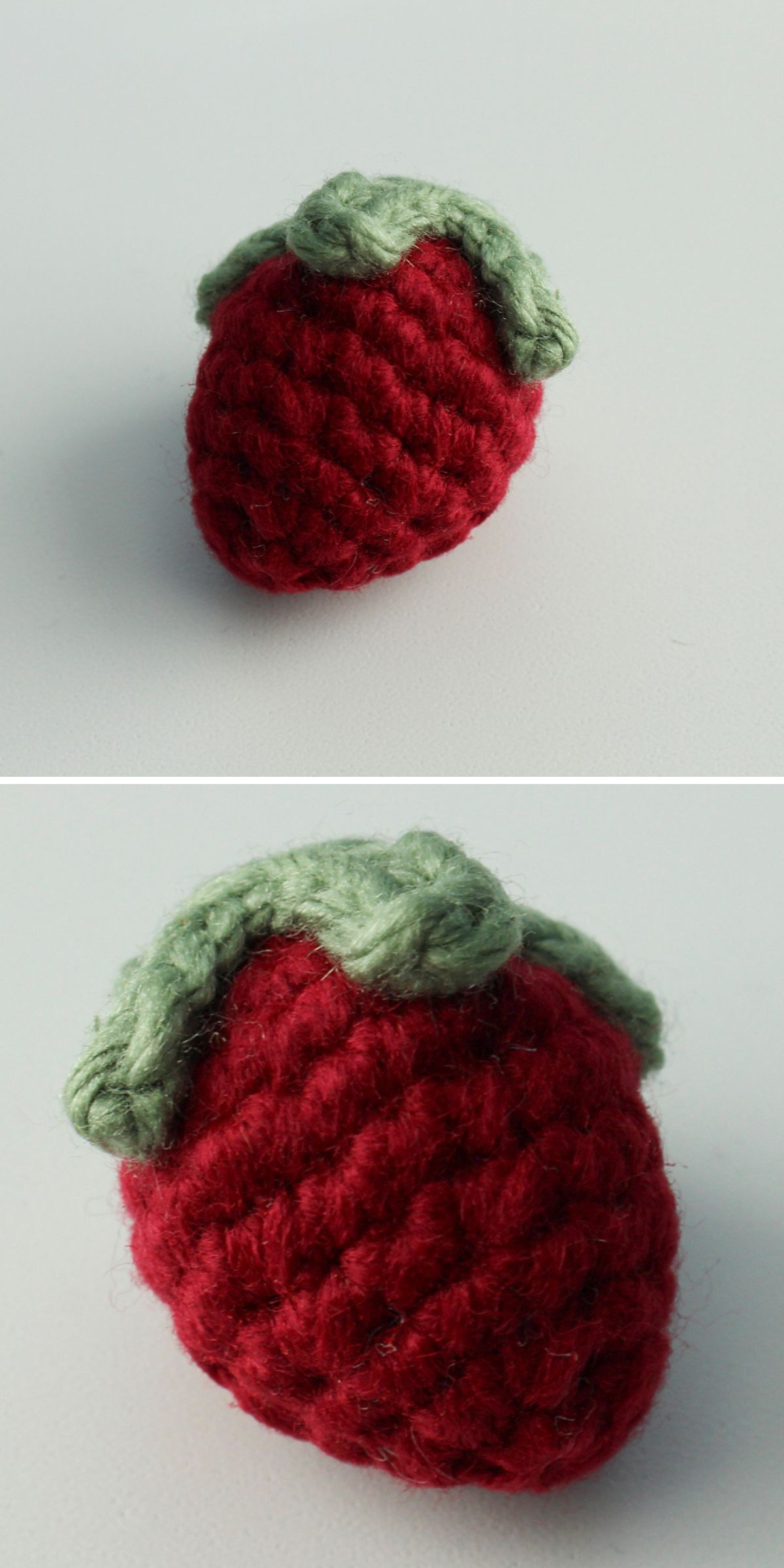 Two close-up photos of a small crochet strawberry, crafted with thick red yarn for the fruit and green yarn for the leaves, placed on a plain light surface.