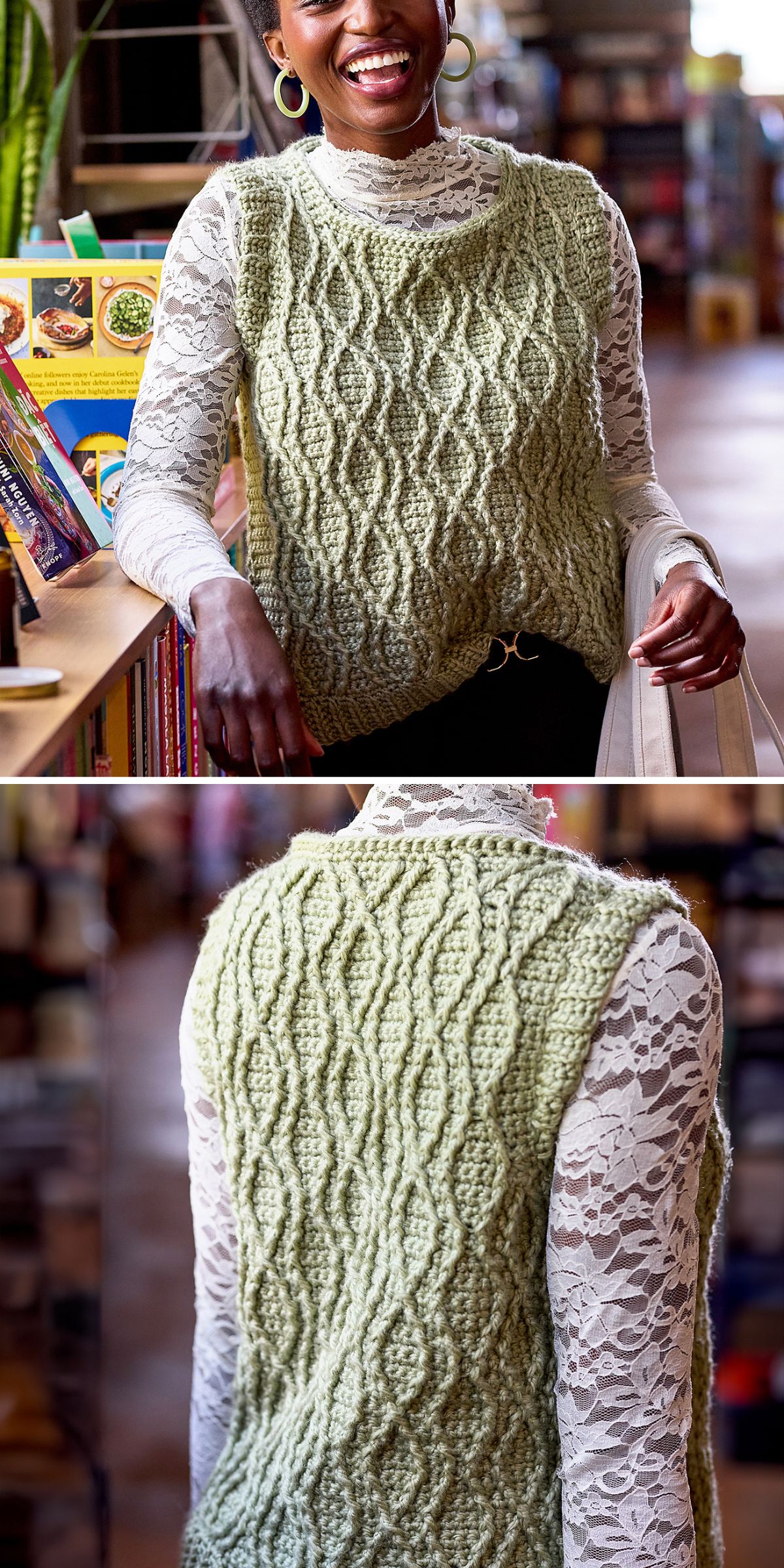 A person wearing a textured, light green crochet vest over a white lace long-sleeve shirt, shown from the front and back in an indoor setting.