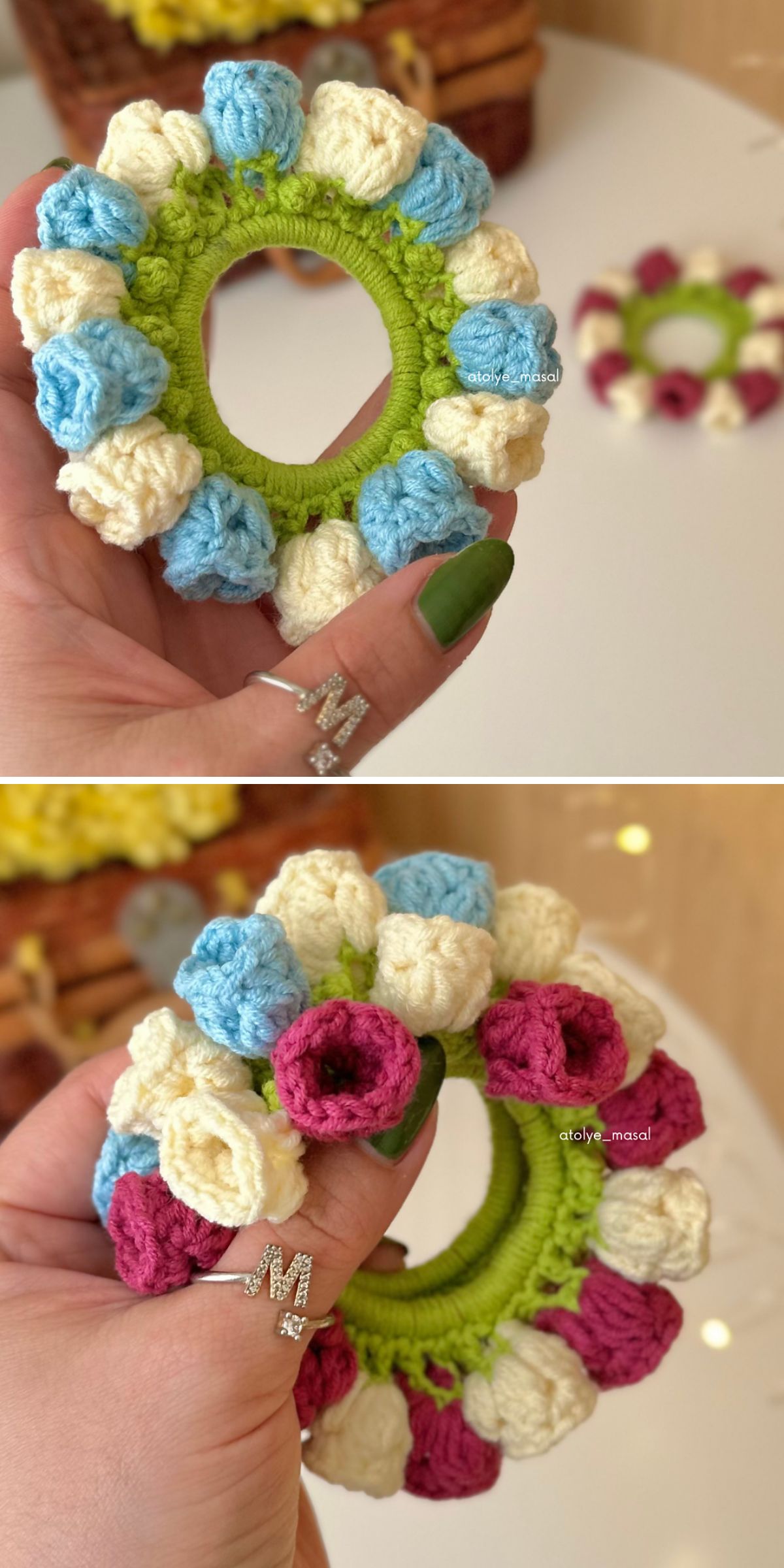 Two close-up photos of handmade crochet scrunchie hair ties decorated with colorful flower buds, being held in a person's hand with green nail polish.