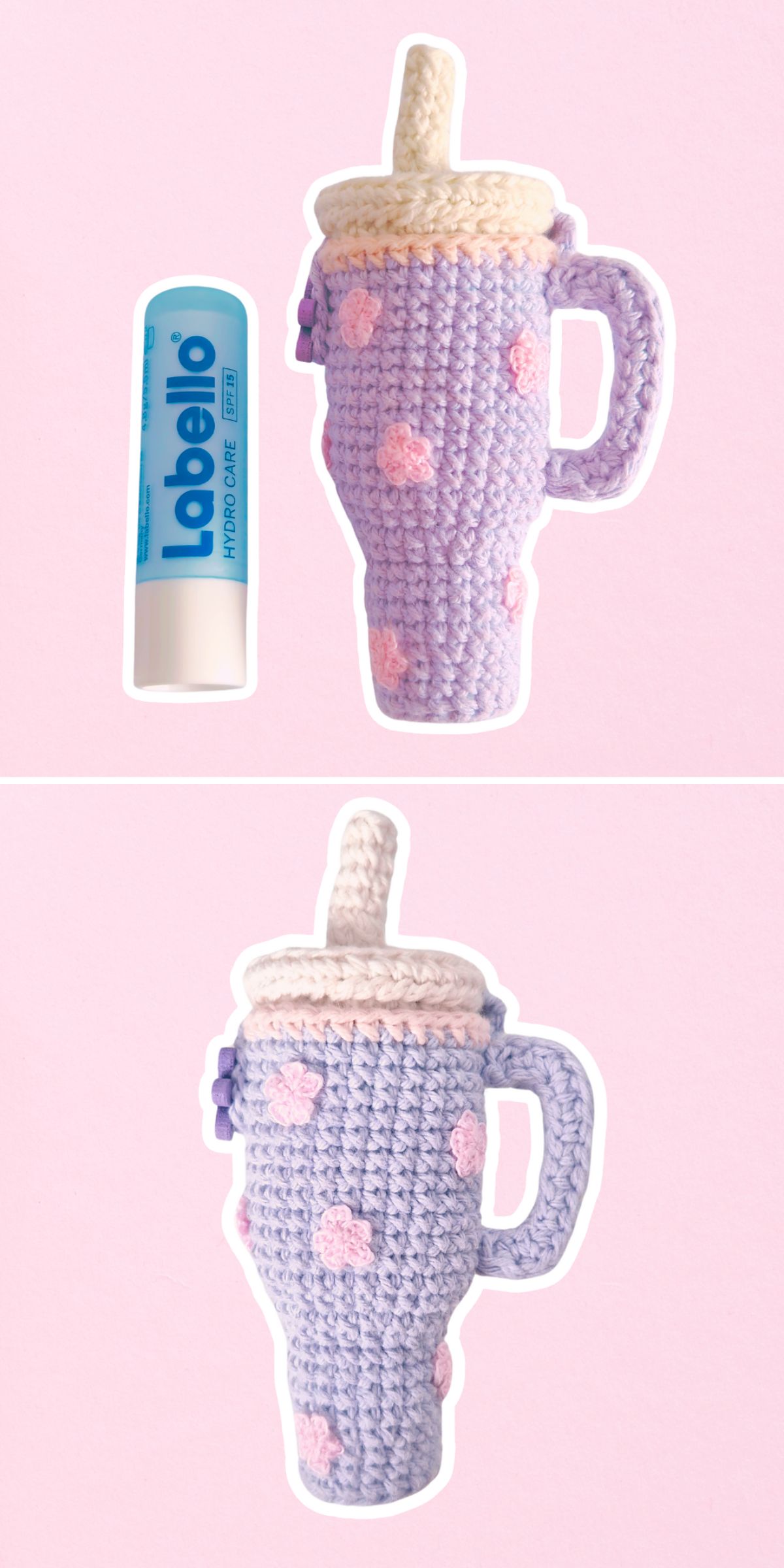 Two images show a crochet lip balm cozy in a cup shape with a handle and straw, decorated with pink dots, next to a tube of Labello lip balm for size comparison. The background is light pink.